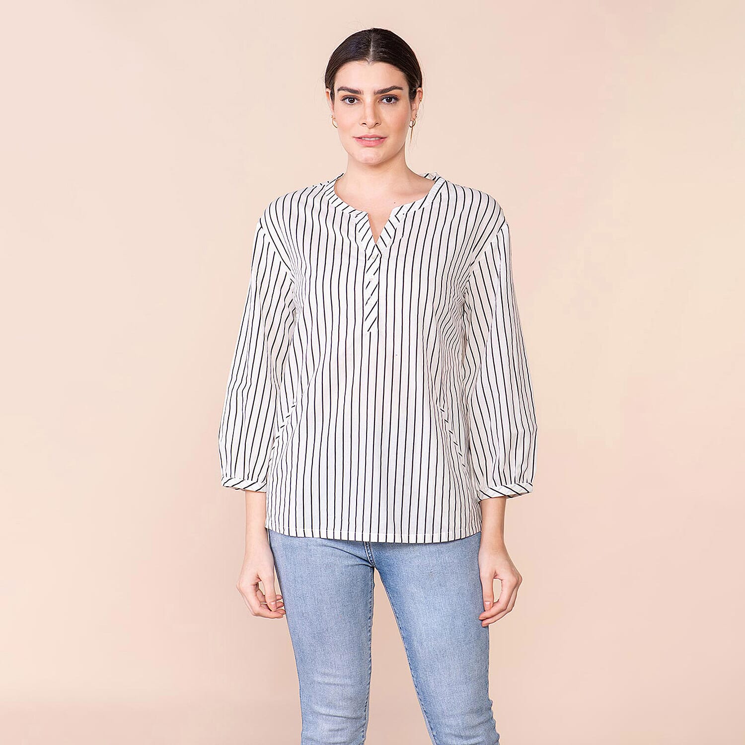 TAMSY 100% Cotton Vertical Stripe Pattern Shirt (Size L,16-18) - Black & White