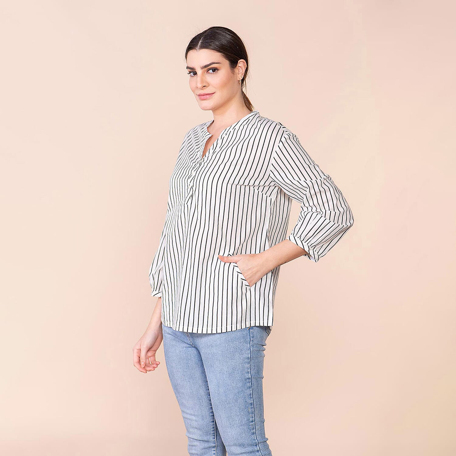 TAMSY Cotton Stripe Pattern Shirt - Black & White