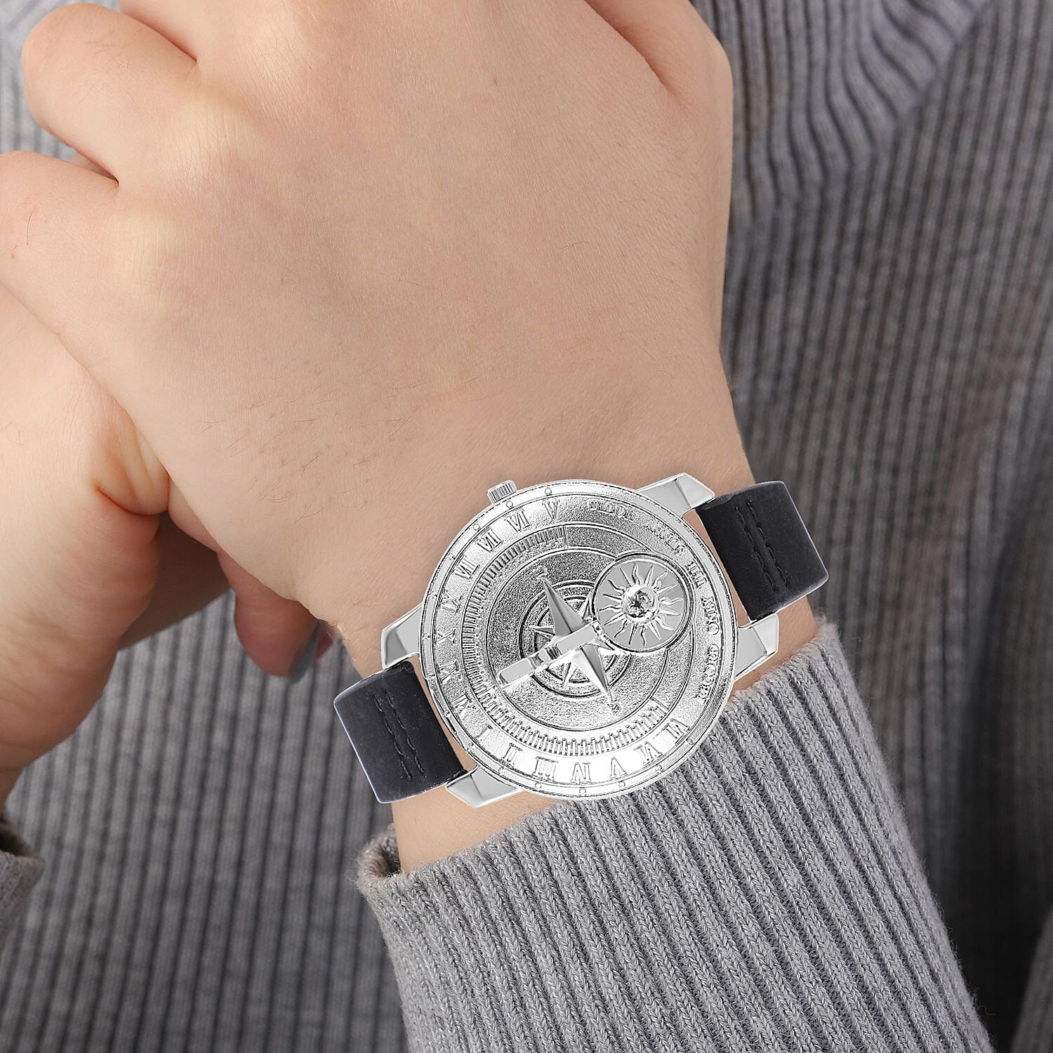 STRADA Japan Movement Carving Pattern Water Resistant Watch with Black Leather Strap