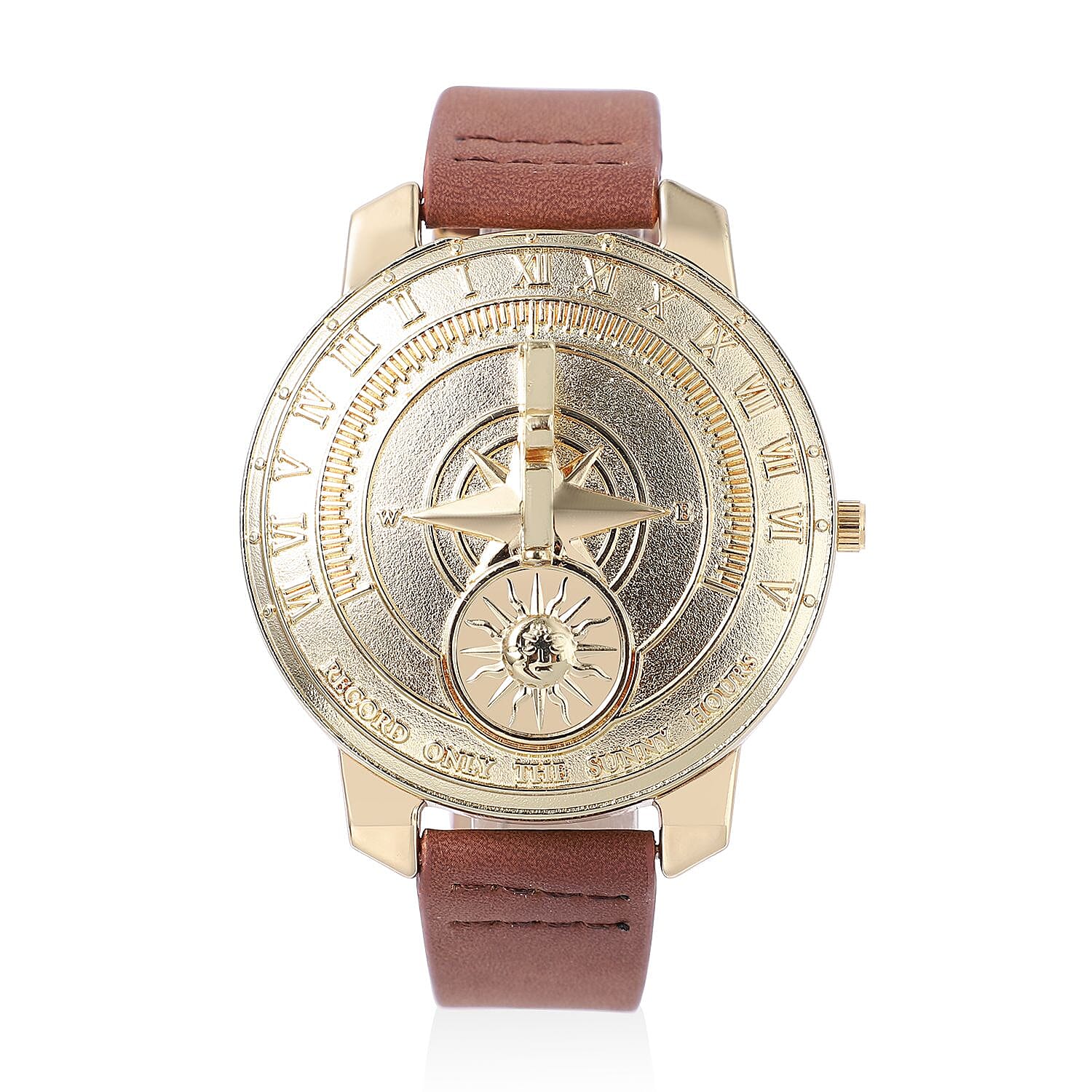 STRADA Japan Movement Carving Pattern Water Resistant Watch with Brown Leather Strap