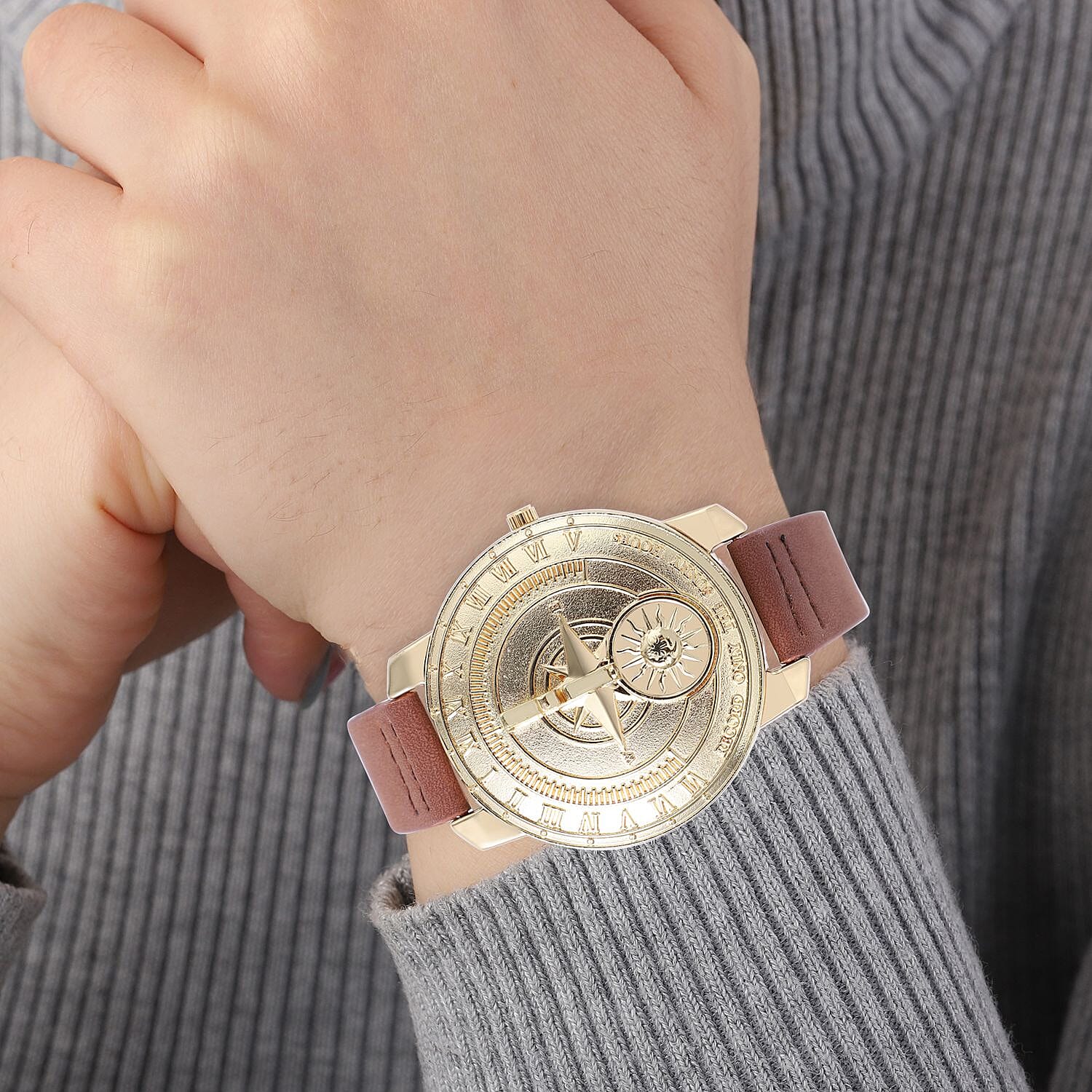 STRADA Japan Movement Carving Pattern Water Resistant Watch with Brown Leather Strap