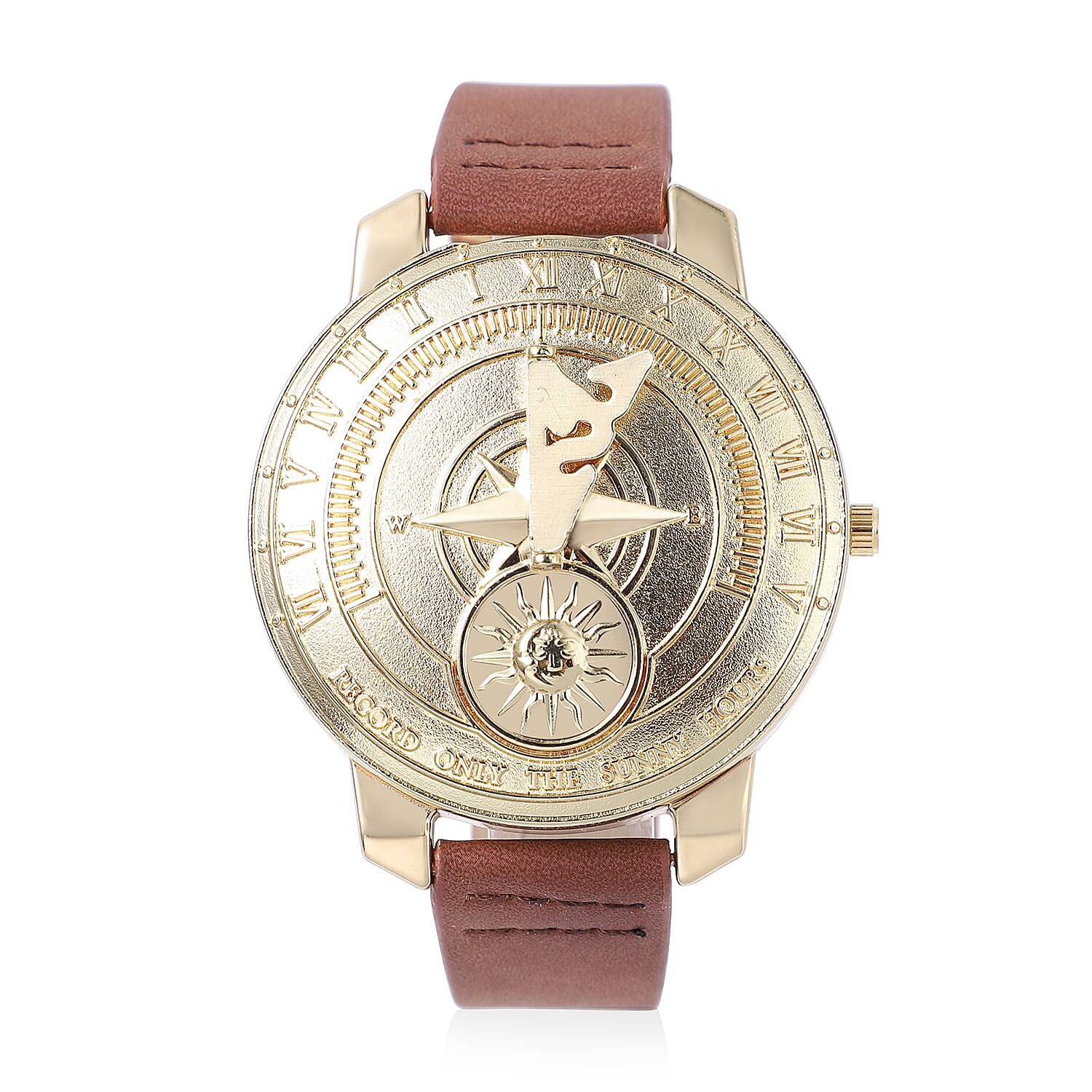 STRADA Japan Movement Carving Pattern Water Resistant Watch with Brown Leather Strap