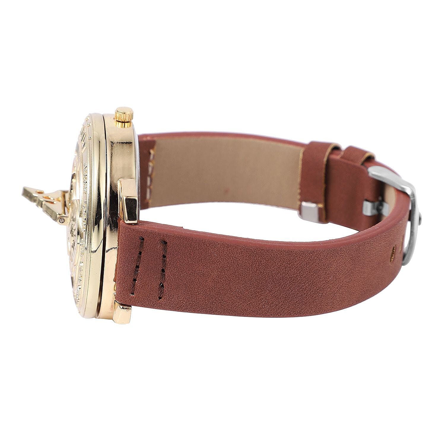 STRADA Japan Movement Carving Pattern Water Resistant Watch with Brown Leather Strap