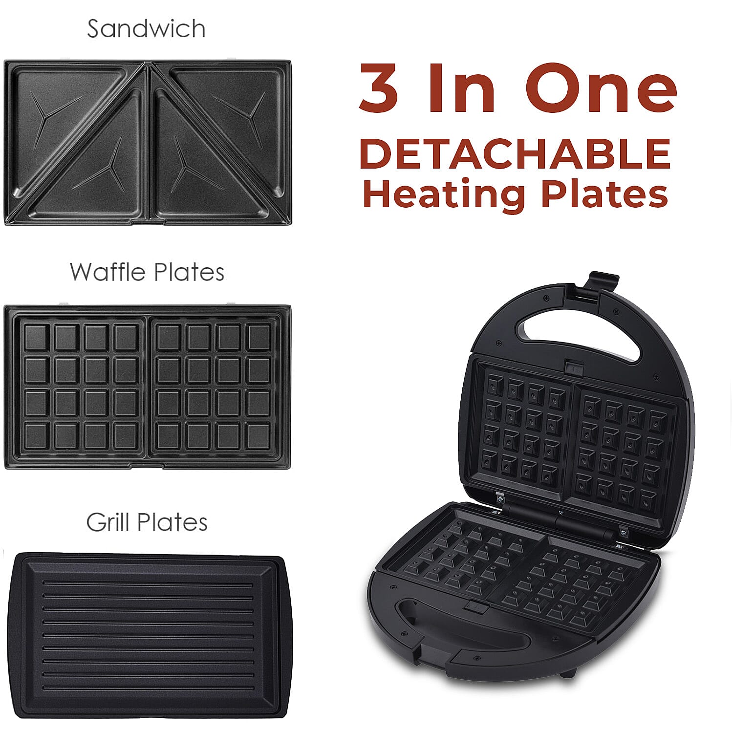 3 in 1 Non-Stick Grill, Toastie and Waffle Maker - 750W.