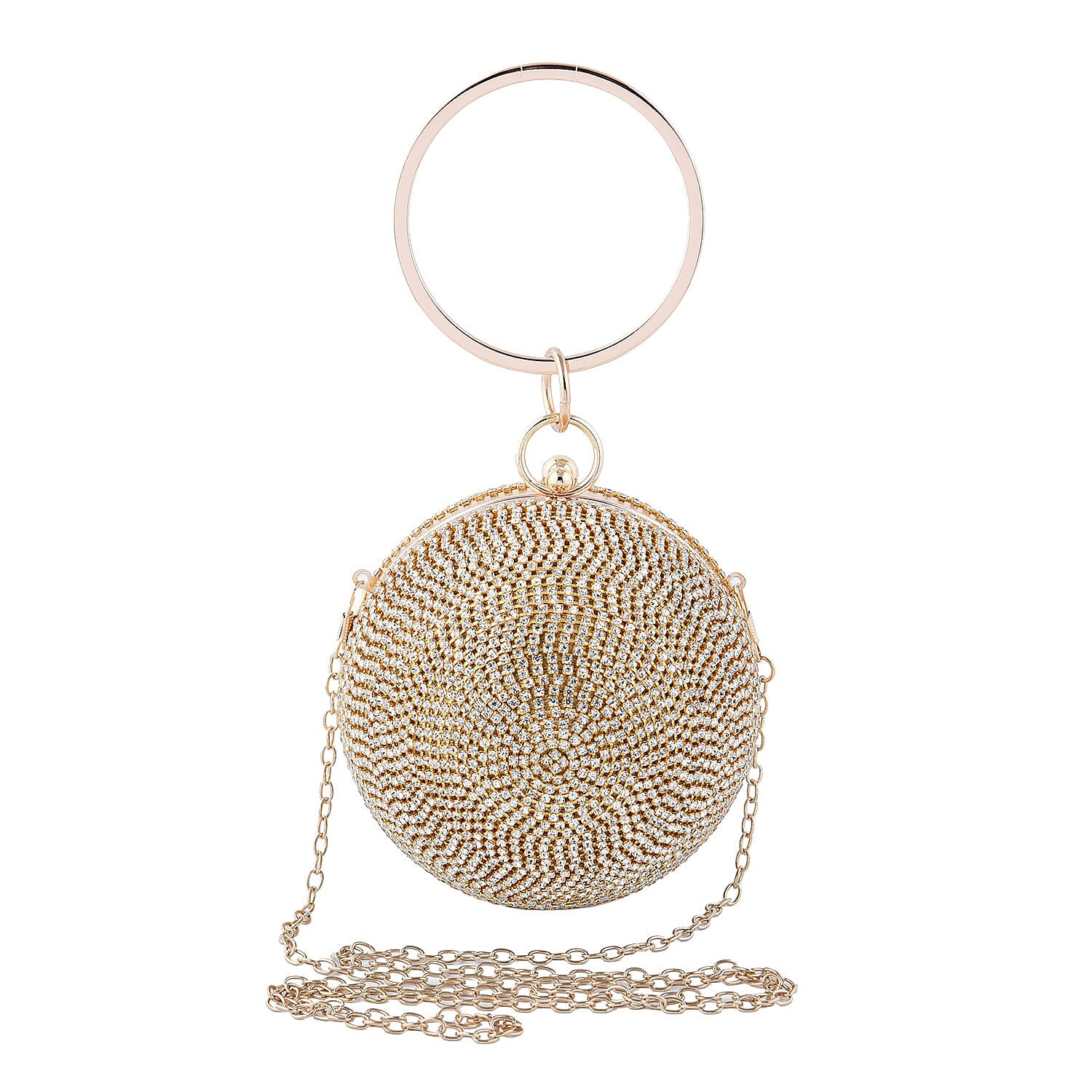 Crystal Decorative Ball Clutch Bag with Chain Strap (Size 14 Cm) - Gold