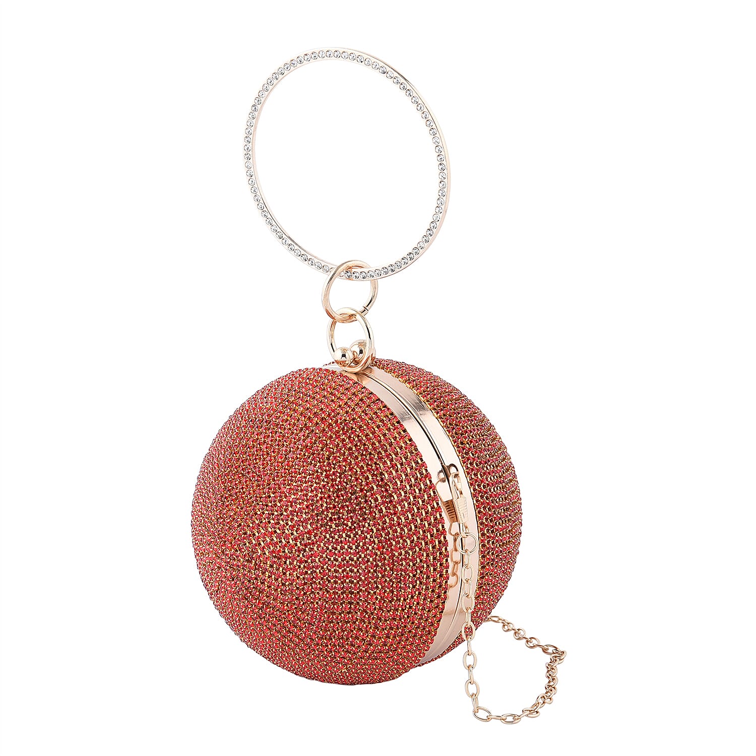 Crystal Decorative Ball Clutch Bag with Chain Strap (Size 14 Cm) - Red