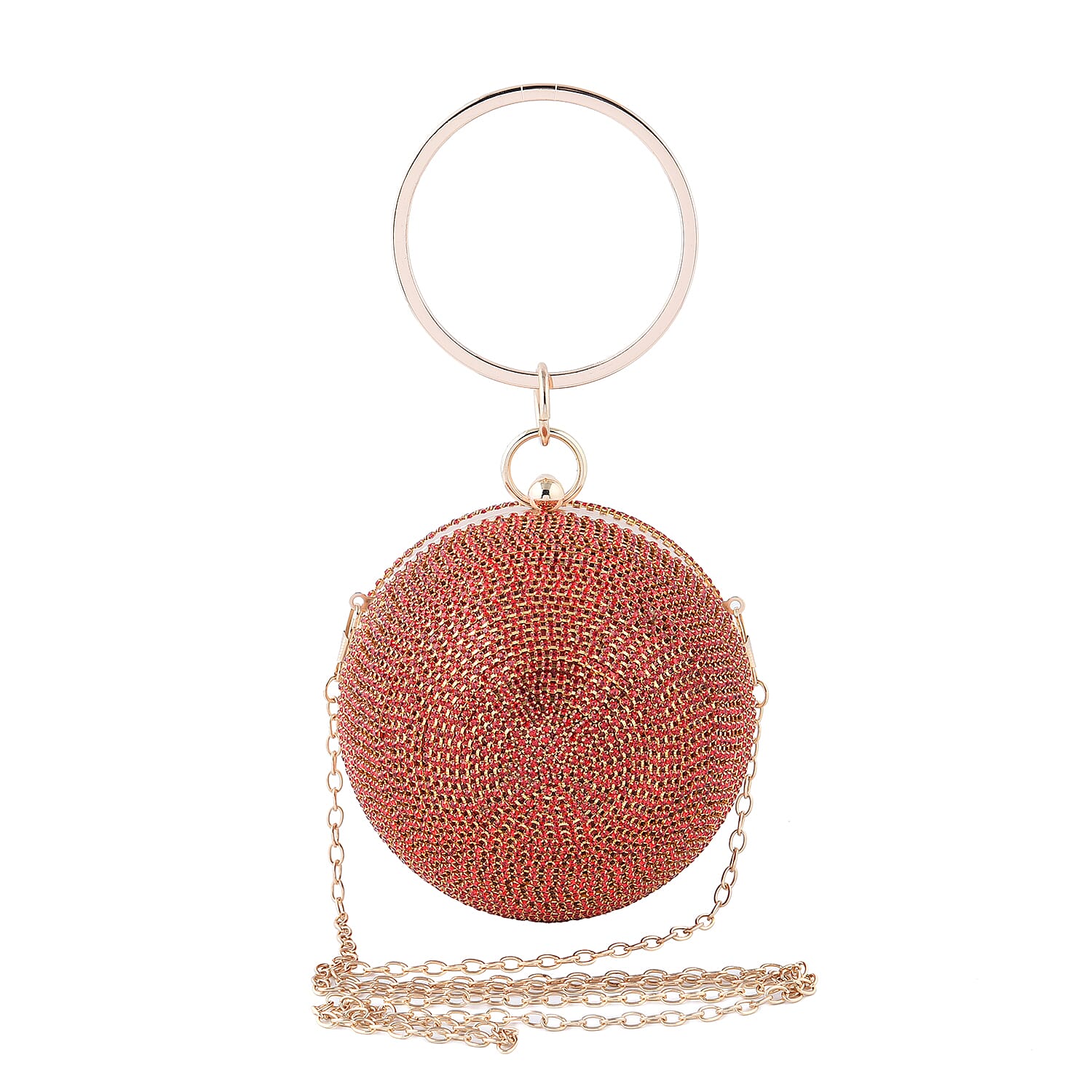 Crystal Decorative Ball Clutch Bag with Chain Strap (Size 14 Cm) - Red