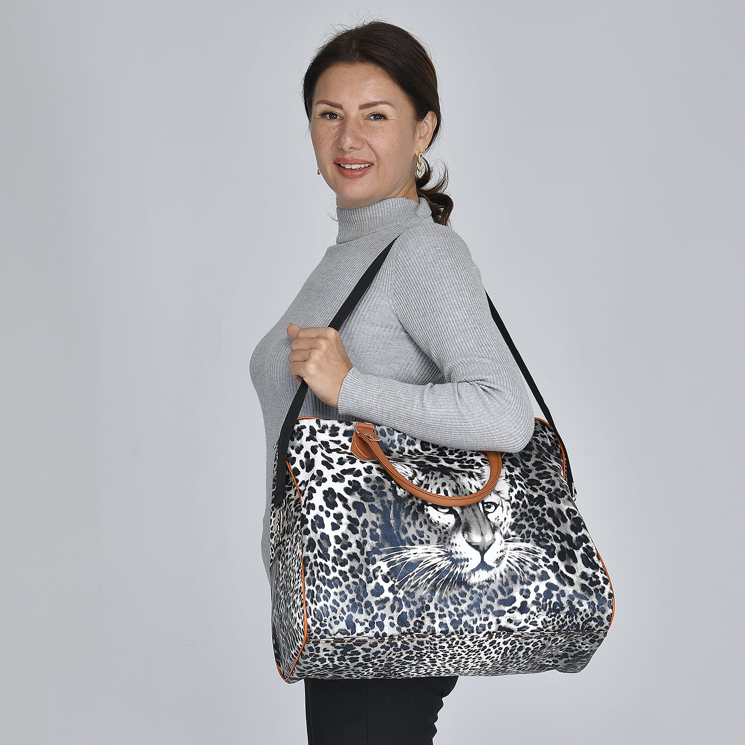 Leopard Pattern Tote Bag with Handle Drop & Detachable Shoulder Strap - Black and Off White