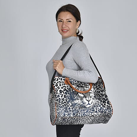 Leopard Pattern Tote Bag with Handle Drop & Detachable Shoulder Strap - Black and Off White
