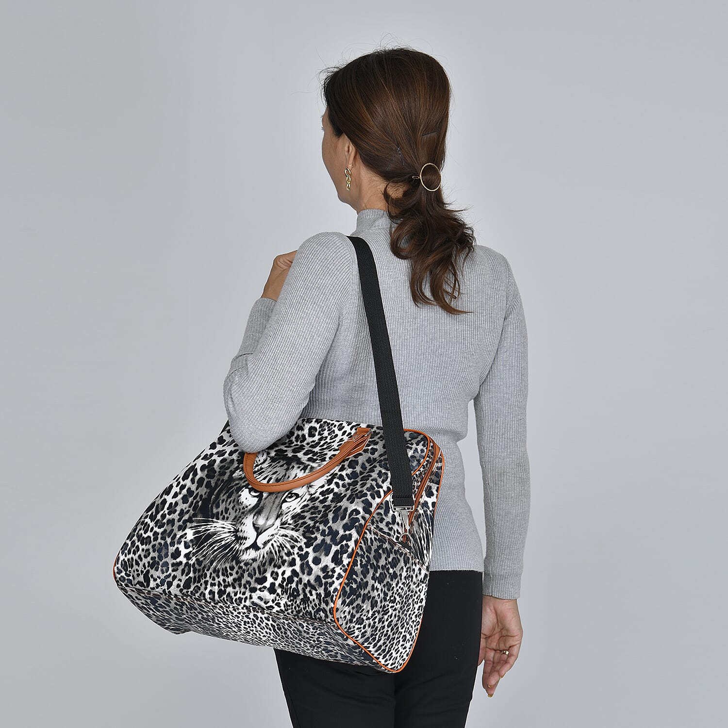 Leopard Pattern Tote Bag with Handle Drop & Detachable Shoulder Strap - Black and Off White