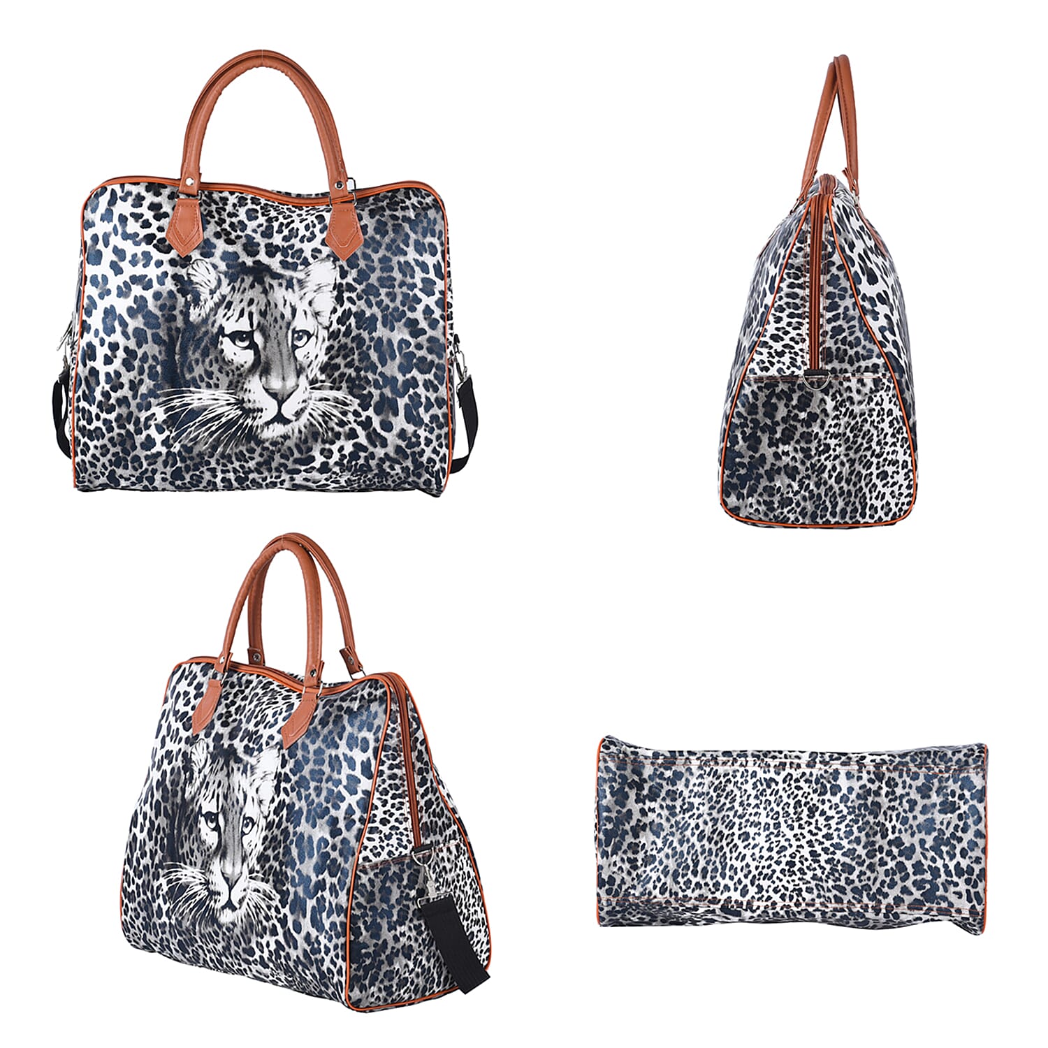 Leopard Pattern Tote Bag with Handle Drop & Detachable Shoulder Strap - Black and Off White