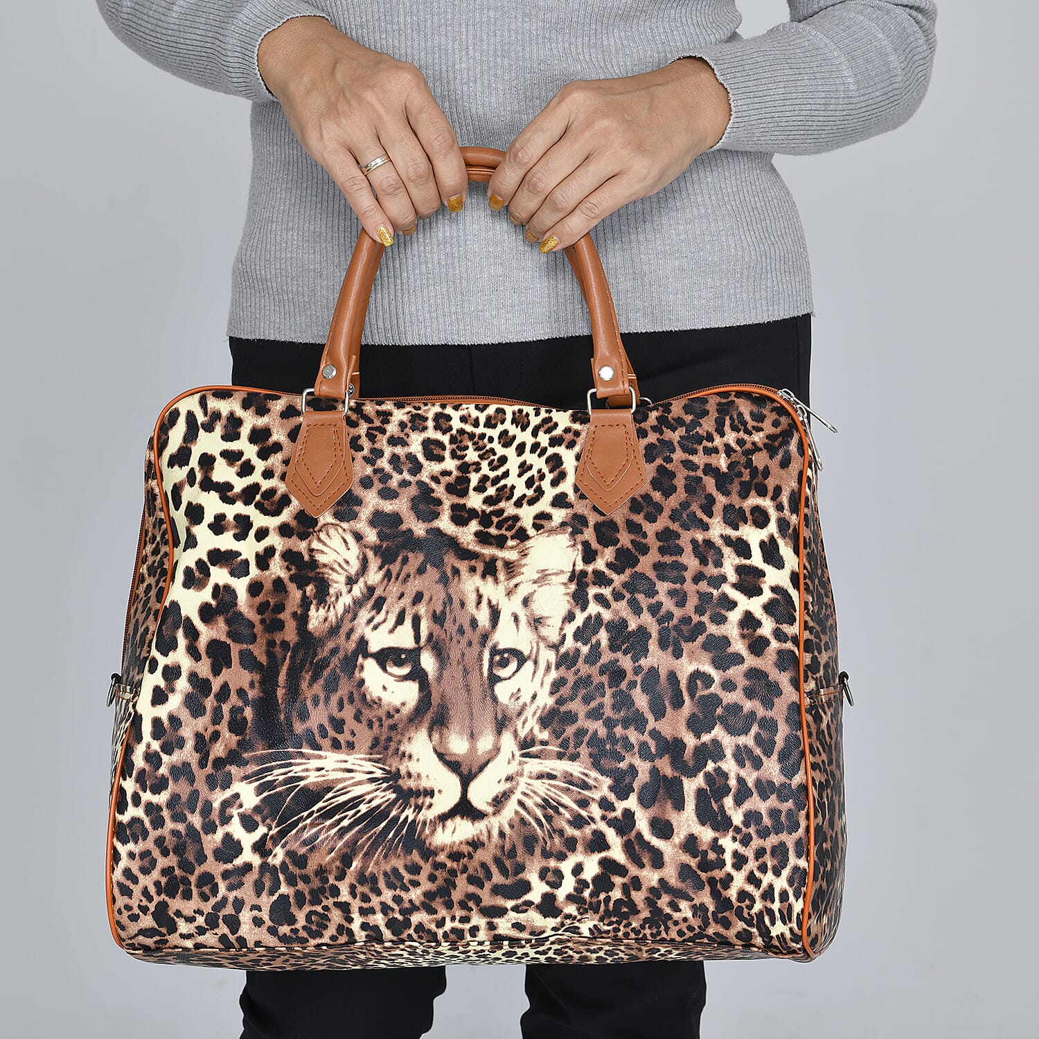Leopard Pattern Tote Bag with Handle Drop & Detachable Shoulder Strap - Brown, Yellow & Black
