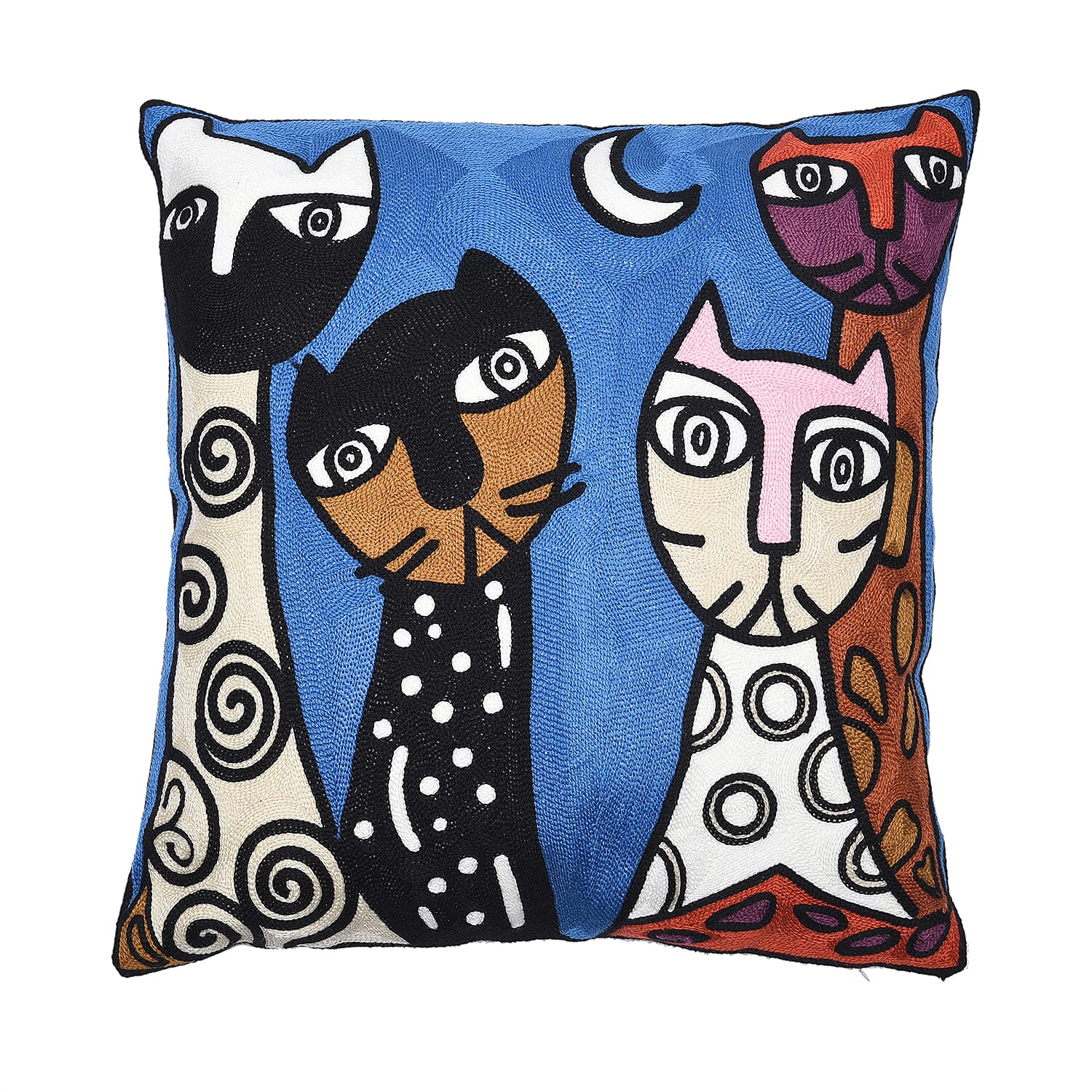 100% Cotton Fully Embroidered Four Cat Cushion Cover with Zipper Closure (Size 45 cm) - Blue & Multi