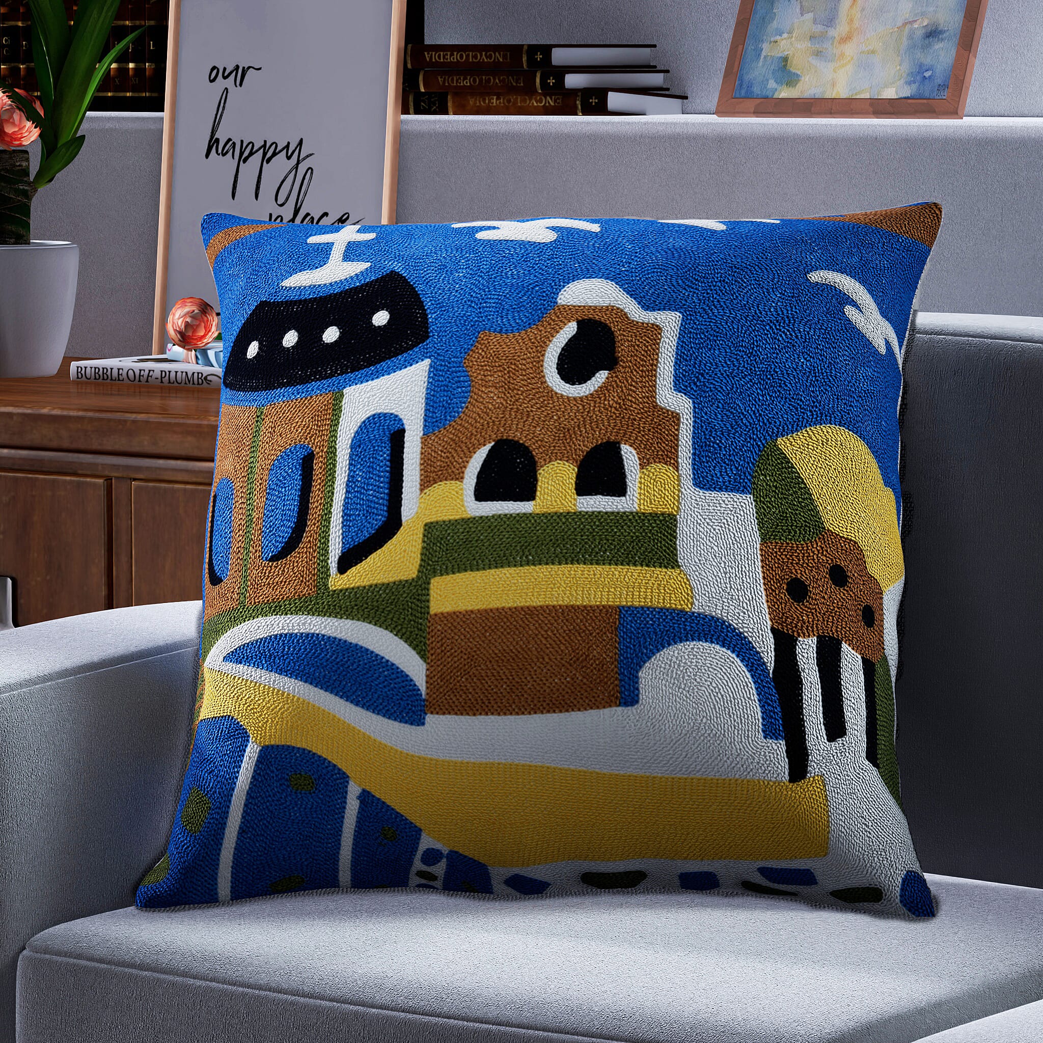 100% Cotton Fully Embroidered Cushion Cover with Zipper Closure (Size 45 cm) - Blue, Yellow & White