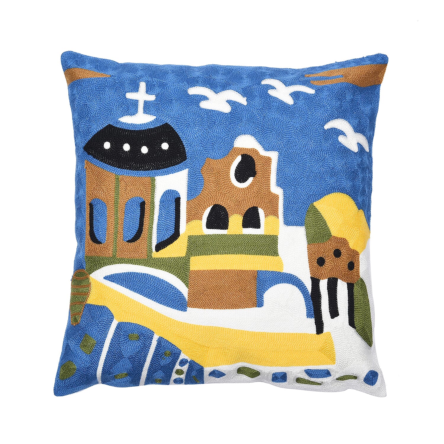 100% Cotton Fully Embroidered Cushion Cover with Zipper Closure (Size 45 cm) - Blue, Yellow & White