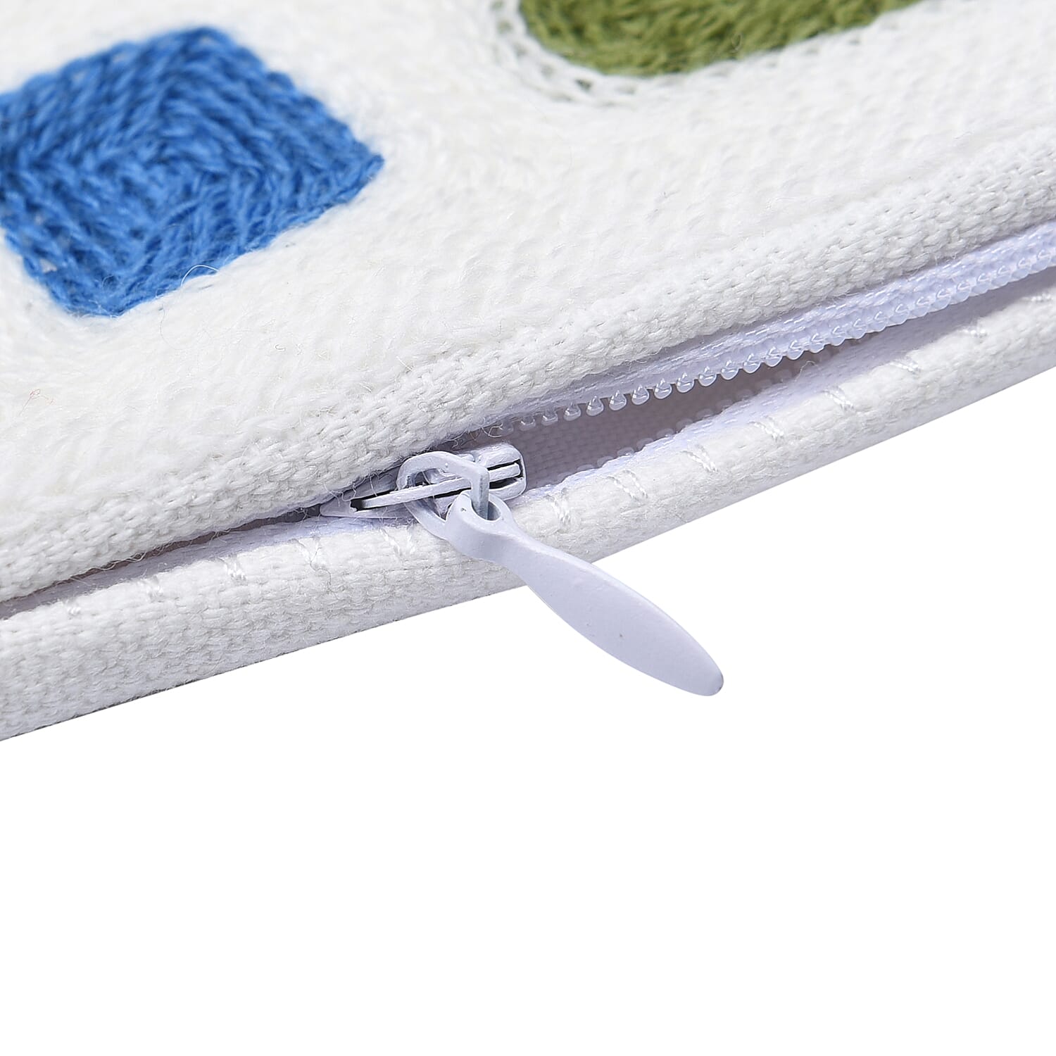 100% Cotton Fully Embroidered Cushion Cover with Zipper Closure (Size 45 cm) - Blue, Yellow & White