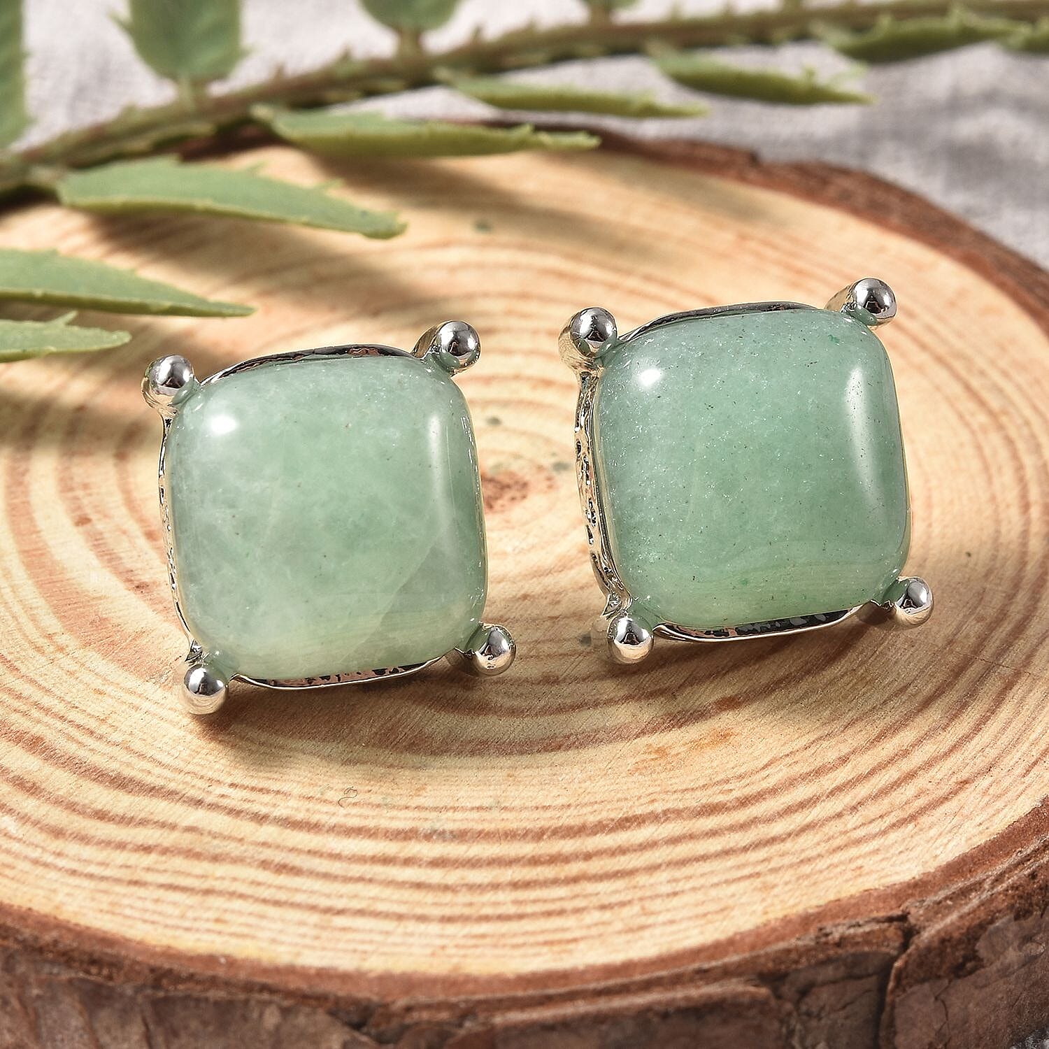 Green Aventurine Stud Earrings in Silver Tone