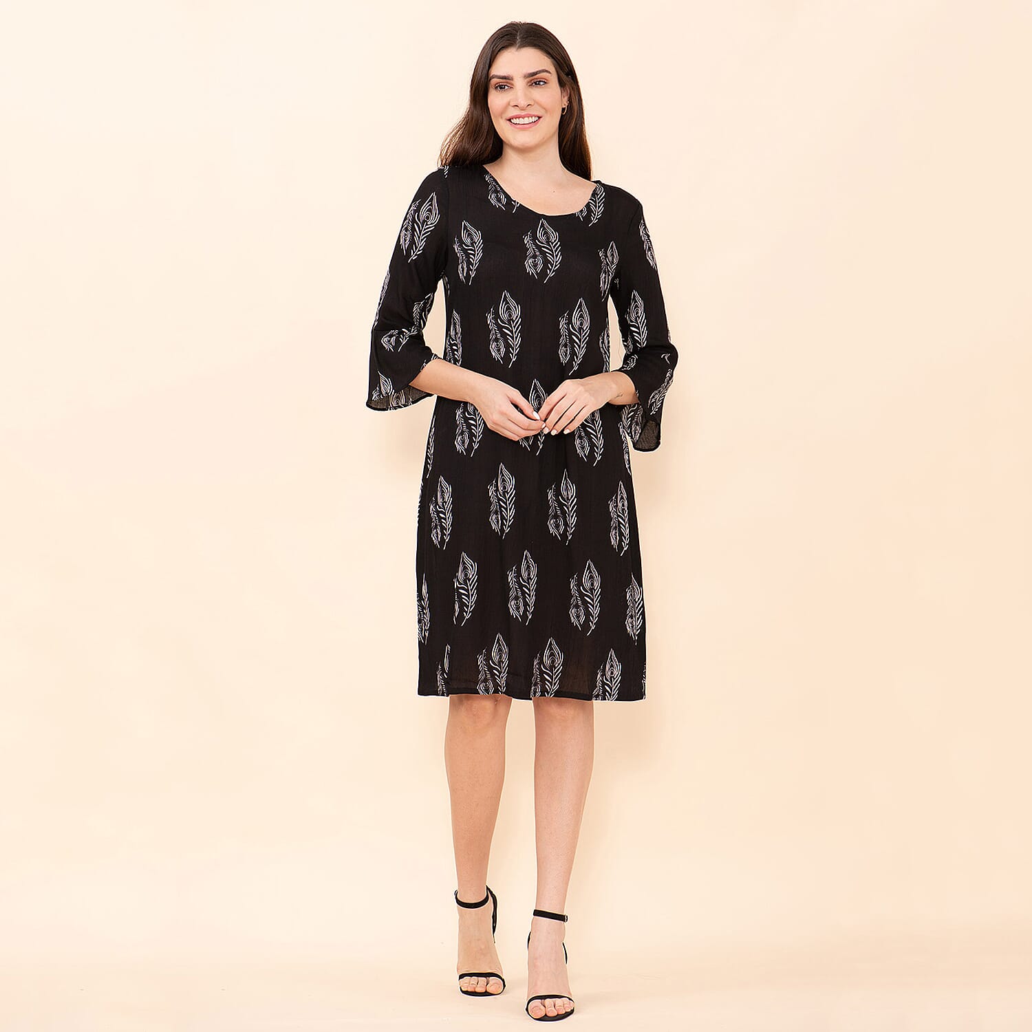 TAMSY 100% Viscose Peacock Pattern Midi Dress (Size 8) - Black & White