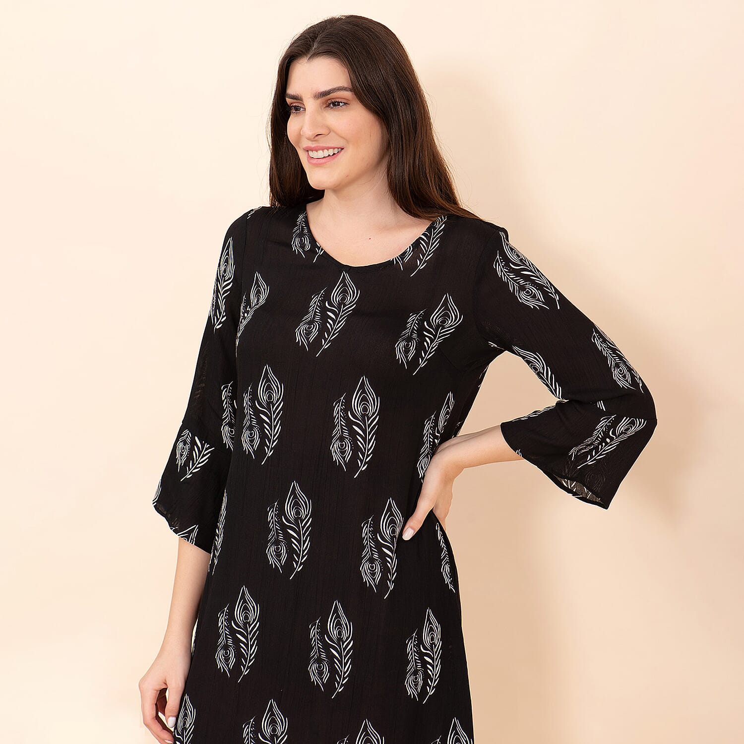 TAMSY VISCOSE Leaves Pattern Midi Dress - Black TAMSY VISCOSE Leaves Pattern Midi Dress - Black