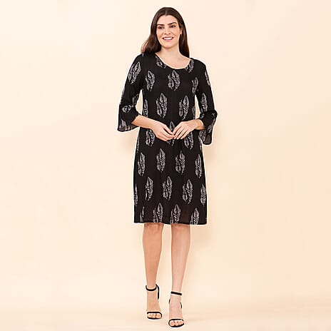 TAMSY 100% Viscose Peacock Pattern Midi Dress (Size 12) - Black & White