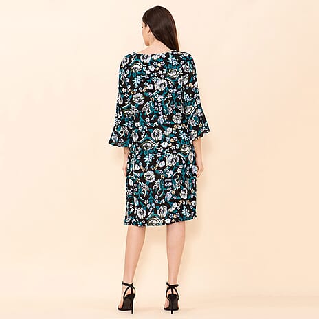 TAMSY 100% Viscose Floral Pattern Midi Dress (Size 12) - Black, Teal & Multi