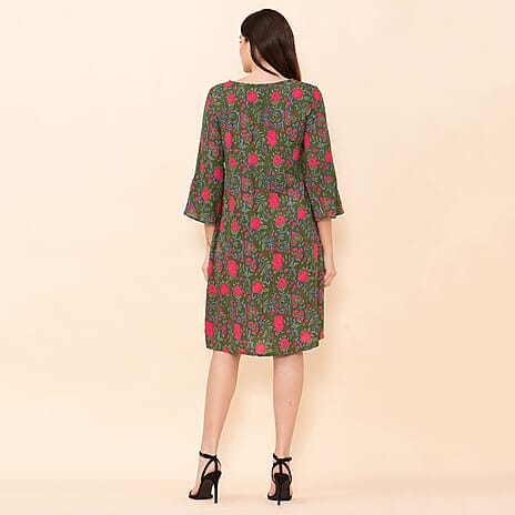 TAMSY 100% Viscose Floral Pattern Midi Dress (Size 14) - Green & Pink
