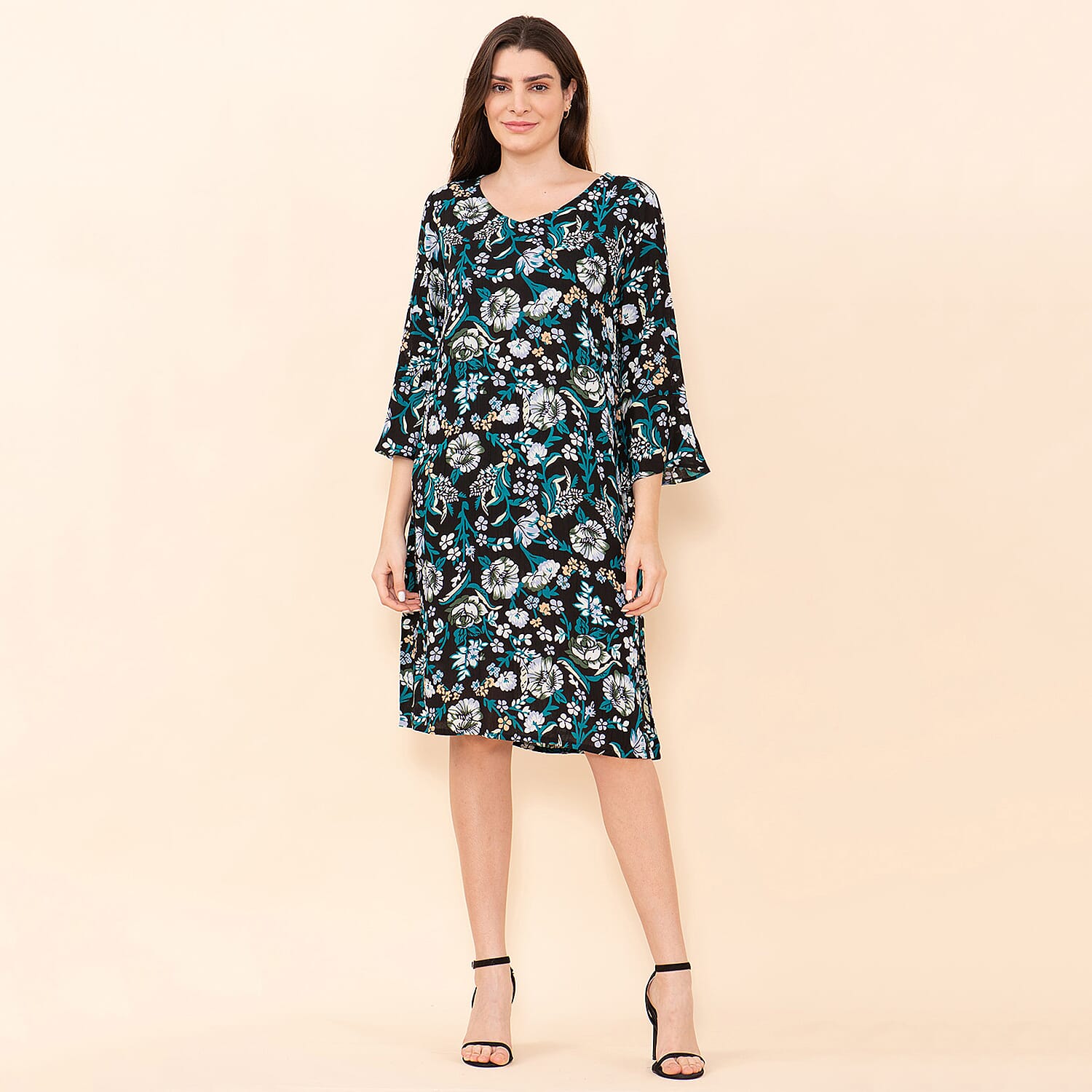 TAMSY 100% Viscose Floral Pattern Midi Dress (Size 16) - Black, Teal & Multi