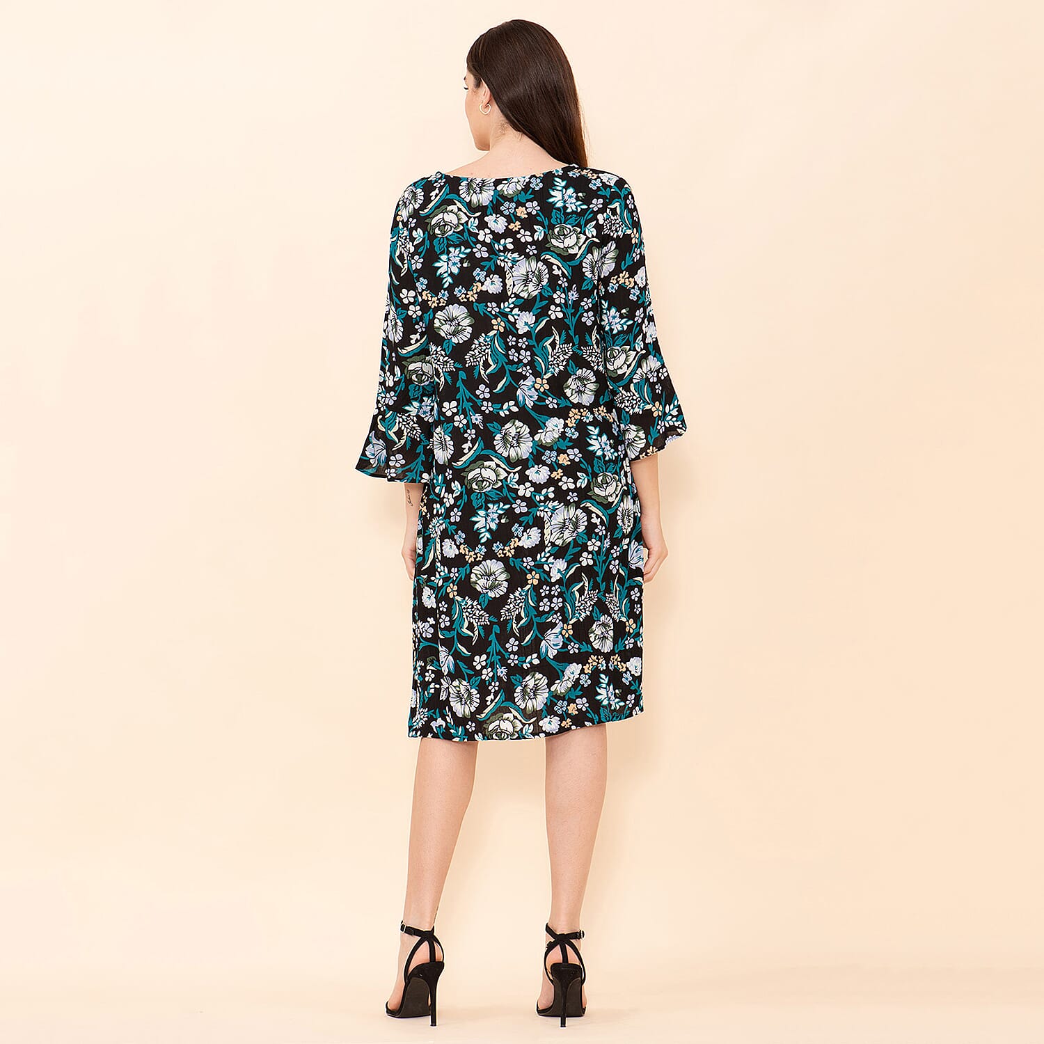 TAMSY 100% Viscose Floral Pattern Midi Dress (Size 16) - Black, Teal & Multi