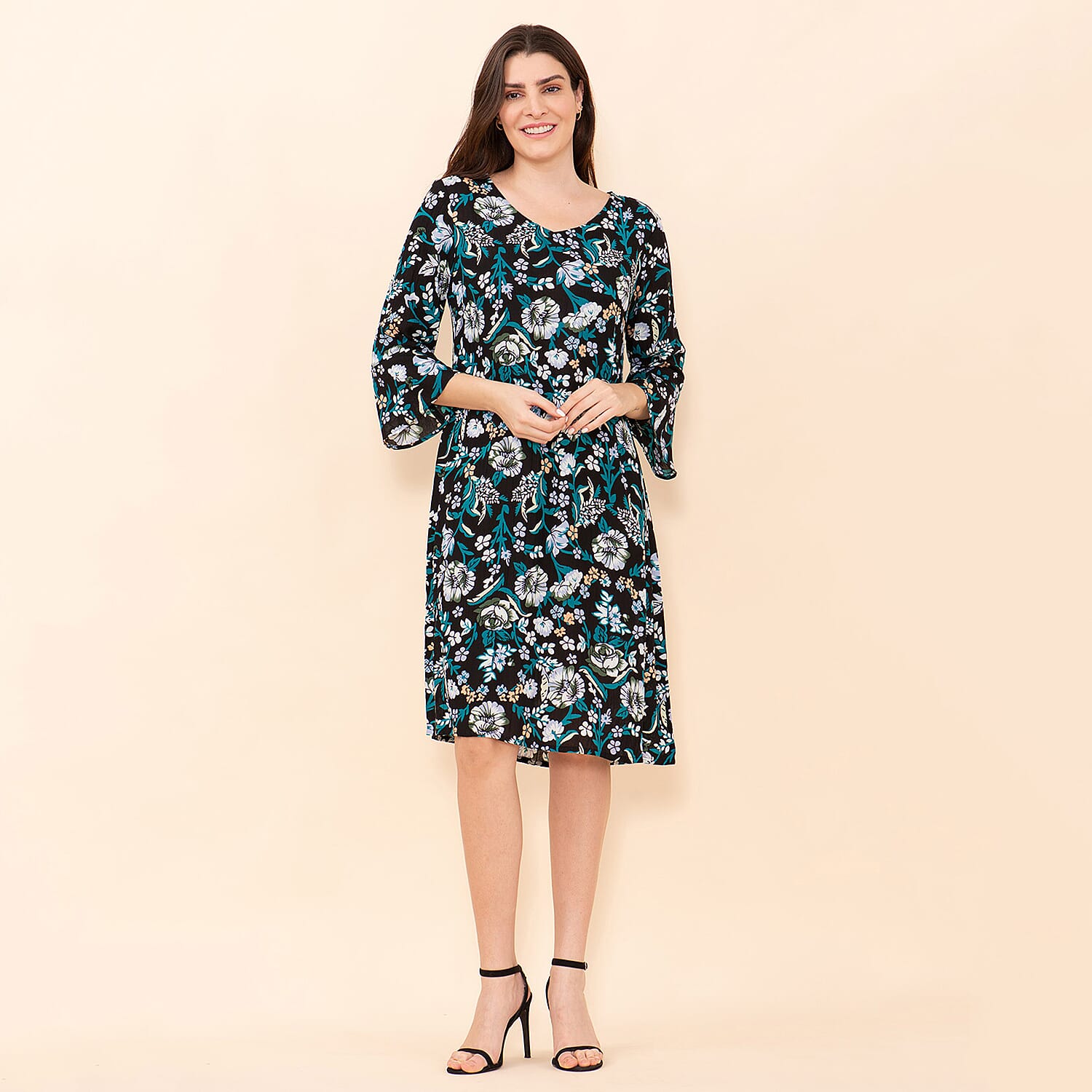 TAMSY 100% Viscose Floral Pattern Midi Dress (Size 16) - Black, Teal & Multi