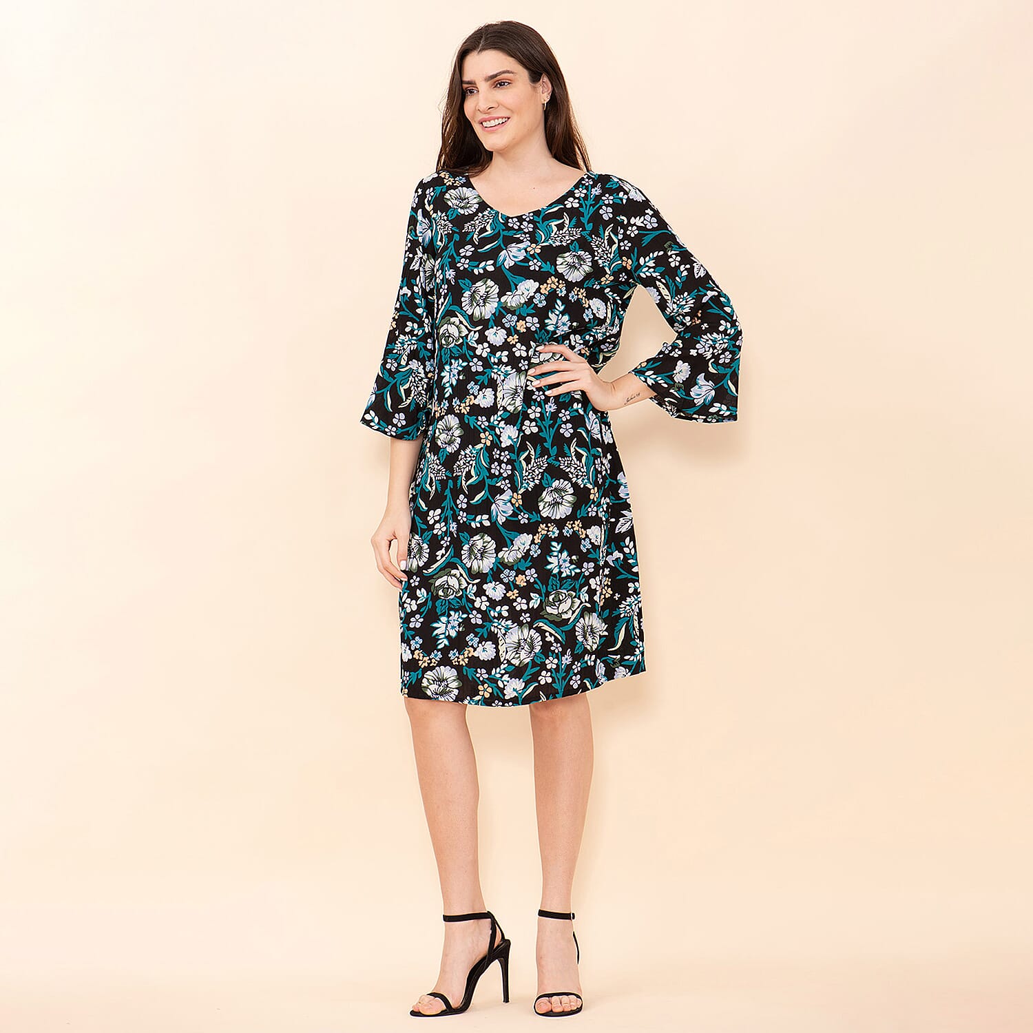 TAMSY 100% Viscose Floral Pattern Midi Dress (Size 16) - Black, Teal & Multi