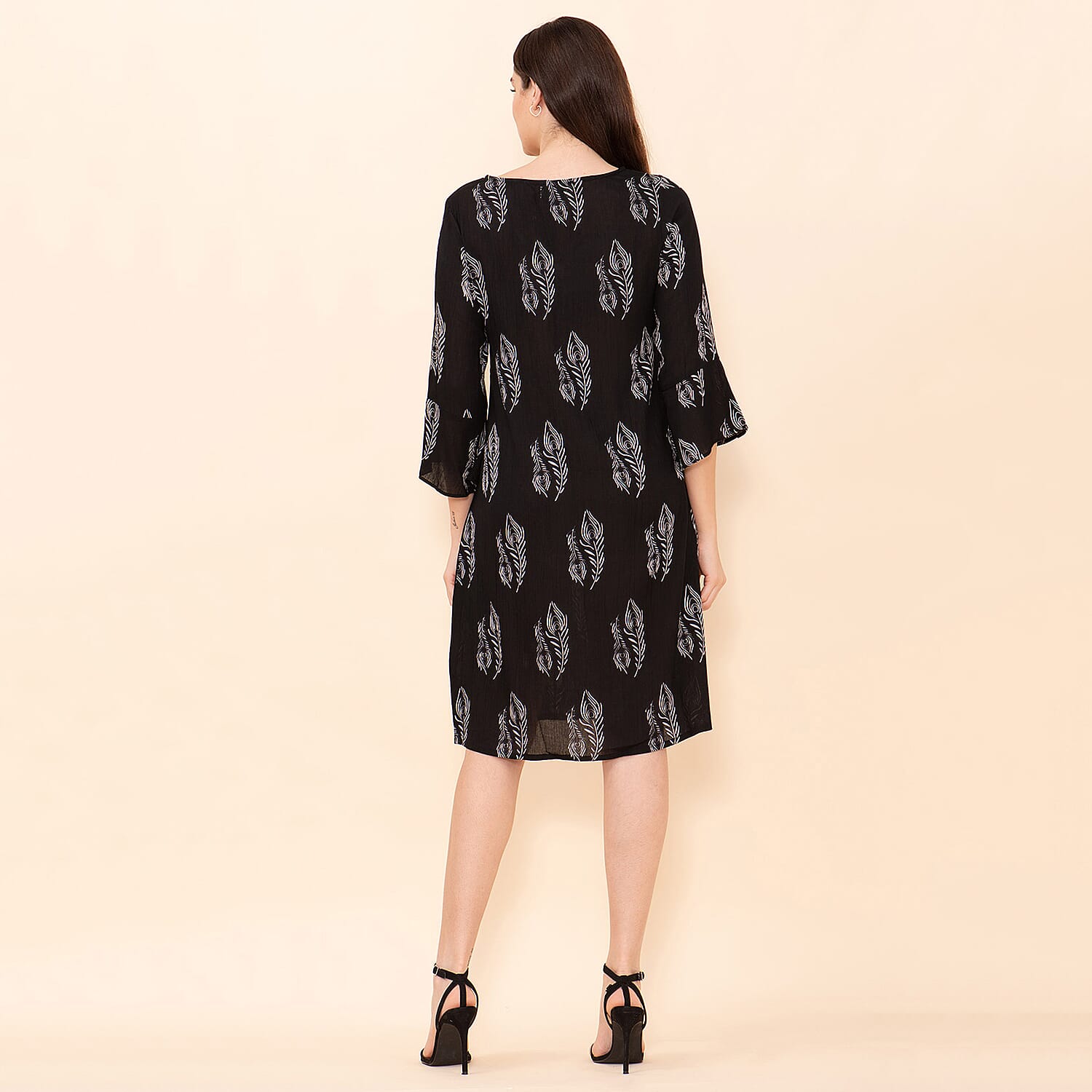 TAMSY 100% Viscose Peacock Pattern Midi Dress (Size 20) - Black & White