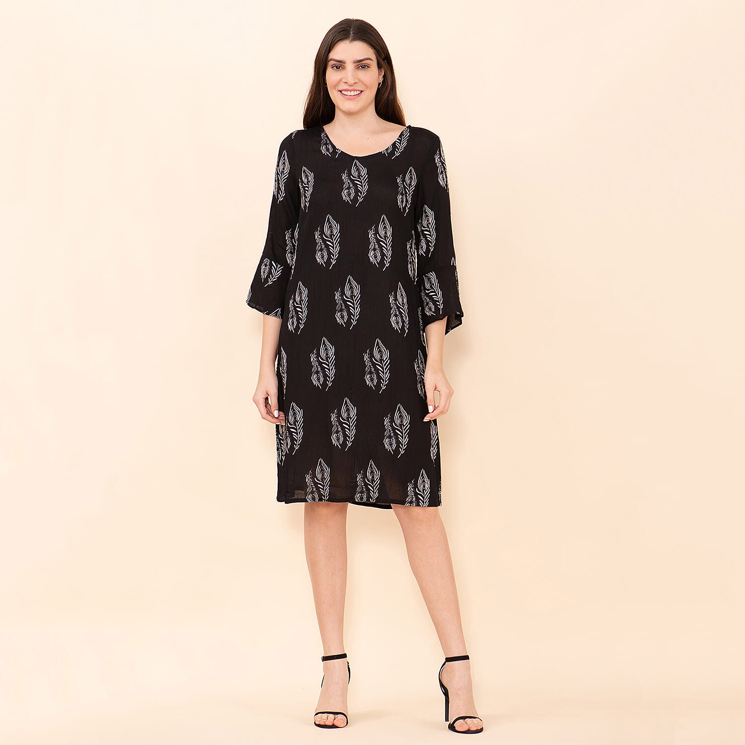 TAMSY 100% Viscose Peacock Pattern Midi Dress (Size 20) - Black & White