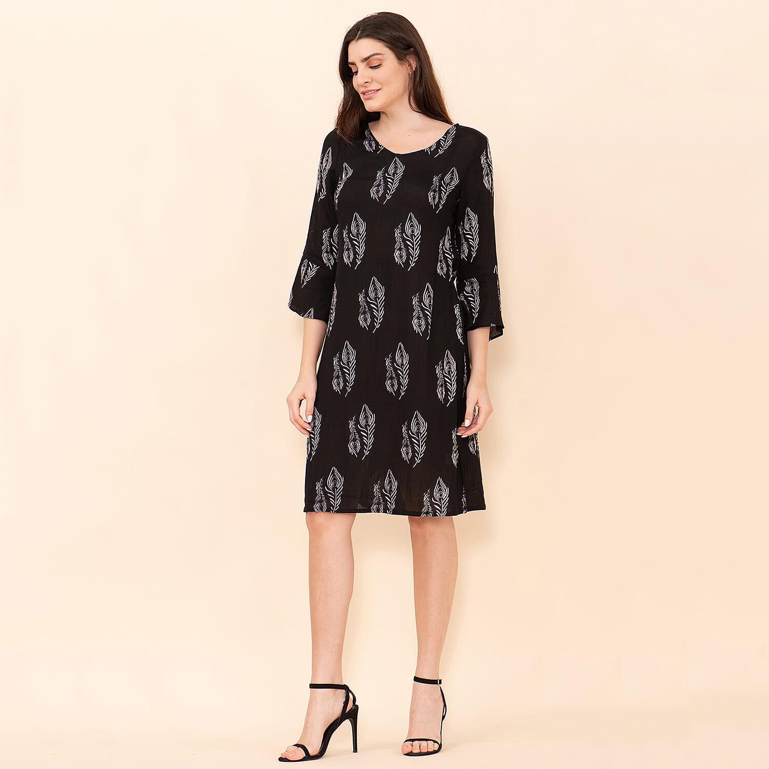 TAMSY 100% Viscose Peacock Pattern Midi Dress (Size 20) - Black & White