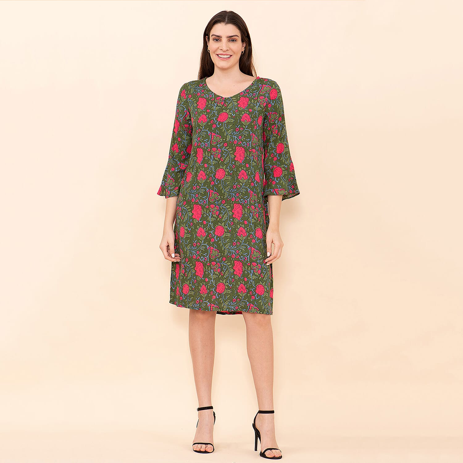 TAMSY 100% Viscose Floral Pattern Midi Dress (Size 22) - Green & Pink