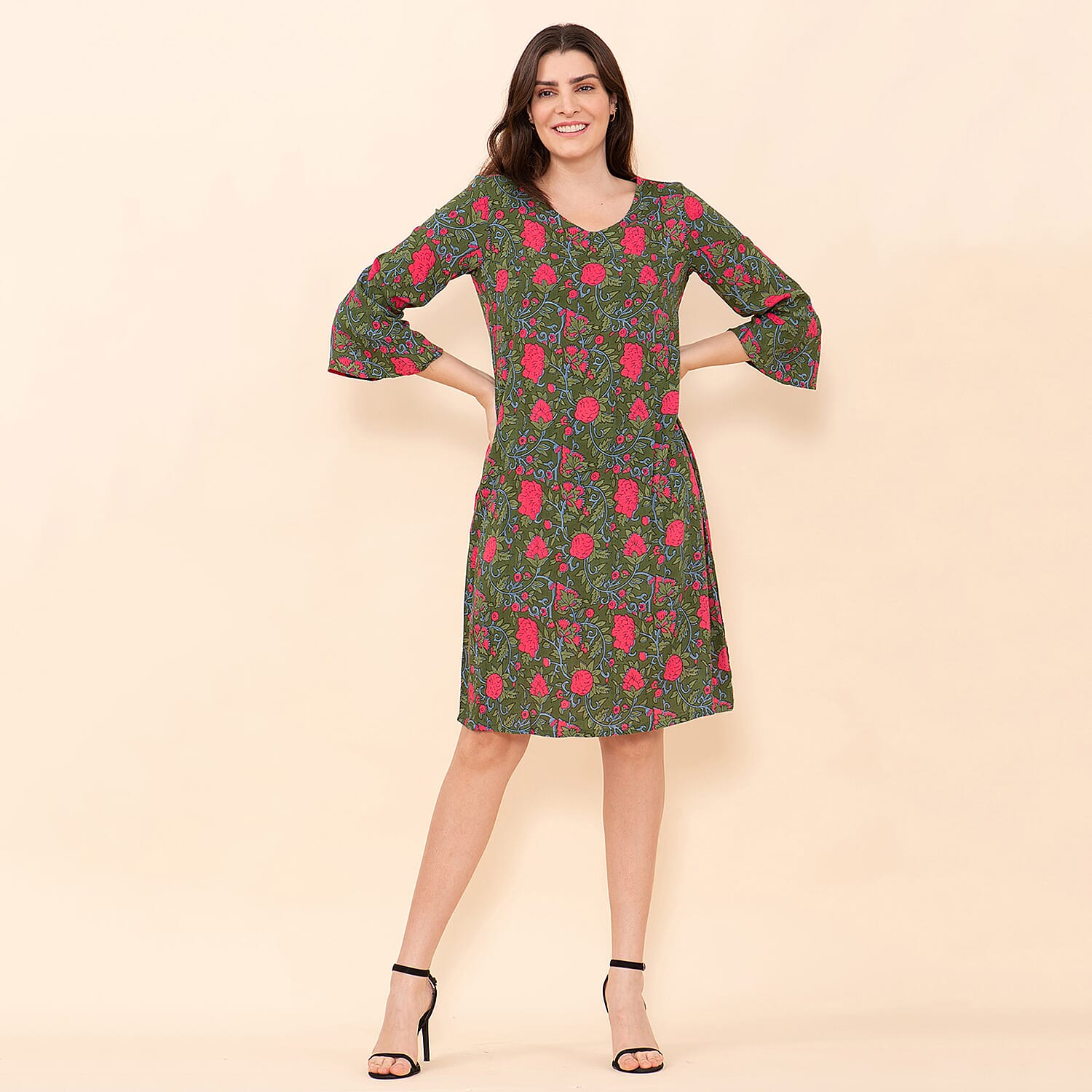 TAMSY 100% Viscose Floral Pattern Midi Dress (Size 22) - Green & Pink