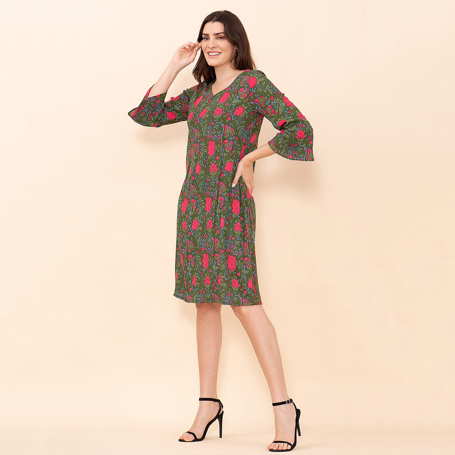 TAMSY 100% Viscose Floral Pattern Midi Dress (Size 22) - Green & Pink