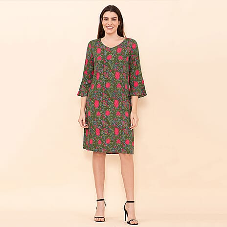 TAMSY 100% Viscose Floral Pattern Midi Dress (Size 26) - Green & Pink