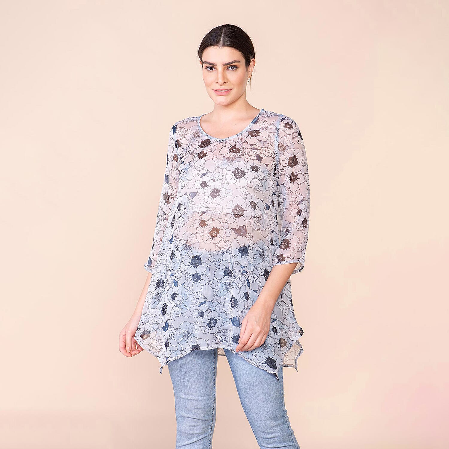 TAMSY Floral Pattern Top (Size L, 16-18) - Light Blue