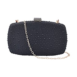 Crystal Decorative Clutch Bag with Long Chain Strap - Black