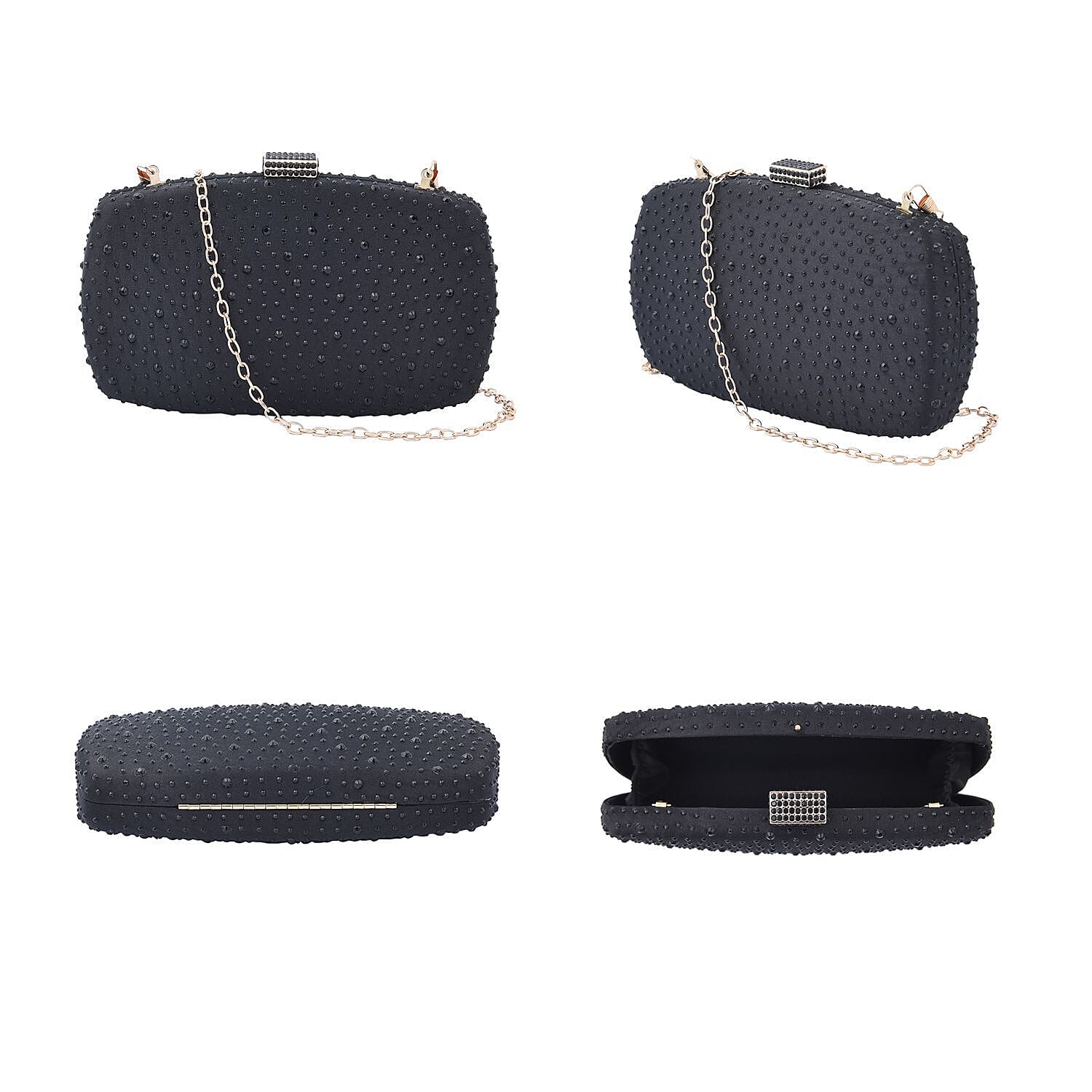 Crystal Decorative Clutch Bag with Long Chain Strap (Size 18x11x3 Cm) - Black