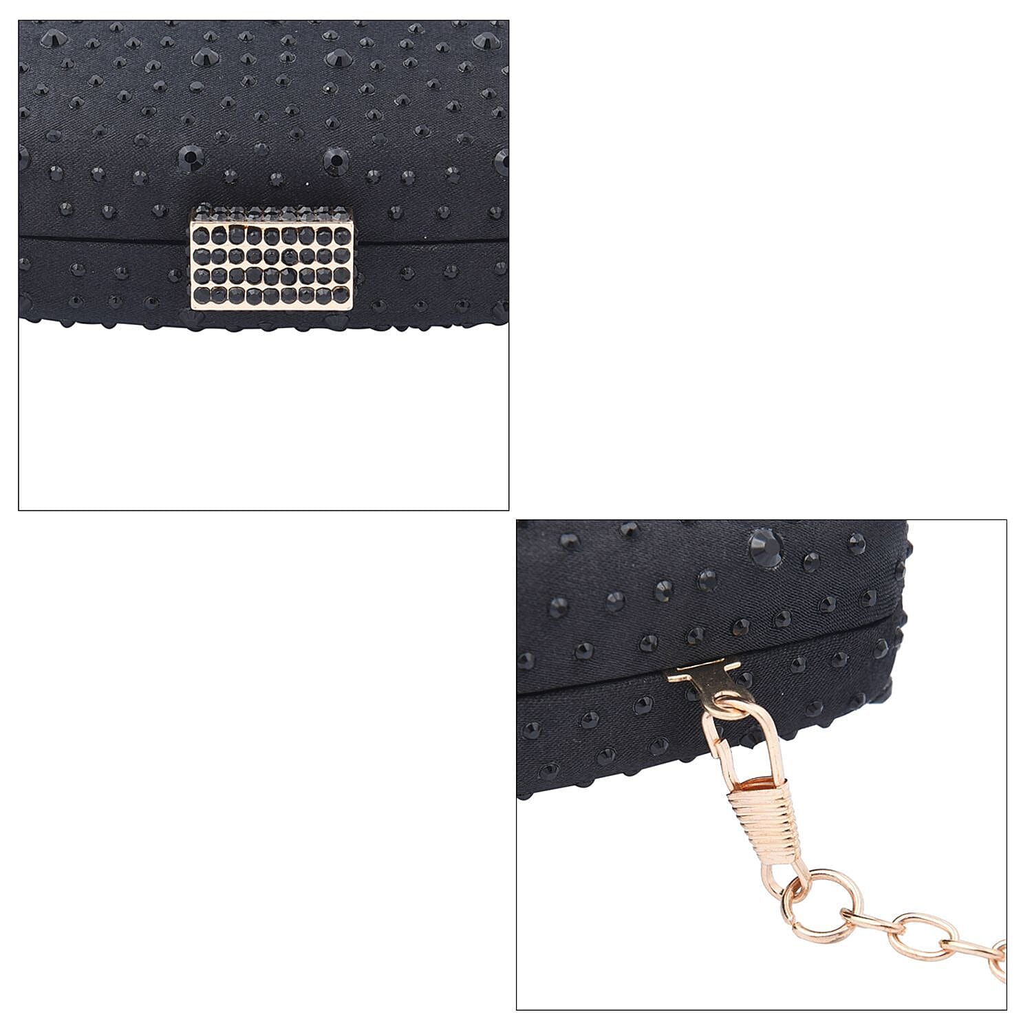 Crystal Decorative Clutch Bag with Long Chain Strap (Size 18x11x3 Cm) - Black