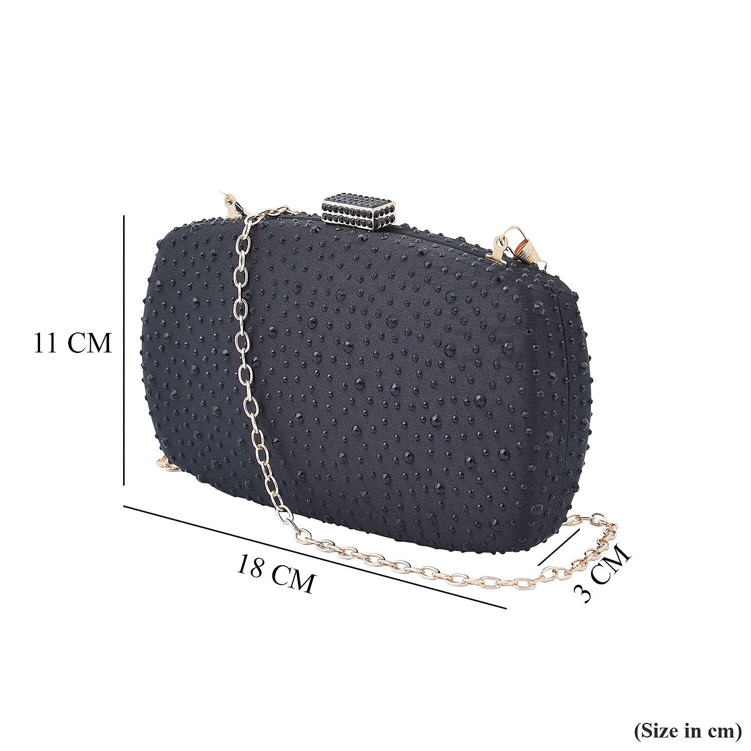 Crystal Decorative Clutch Bag with Long Chain Strap (Size 18x11x3 Cm) - Black