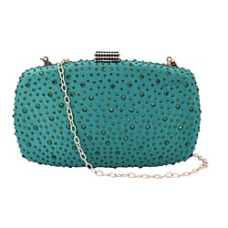 Crystal Decorative Clutch Bag with Long Chain Strap - Green