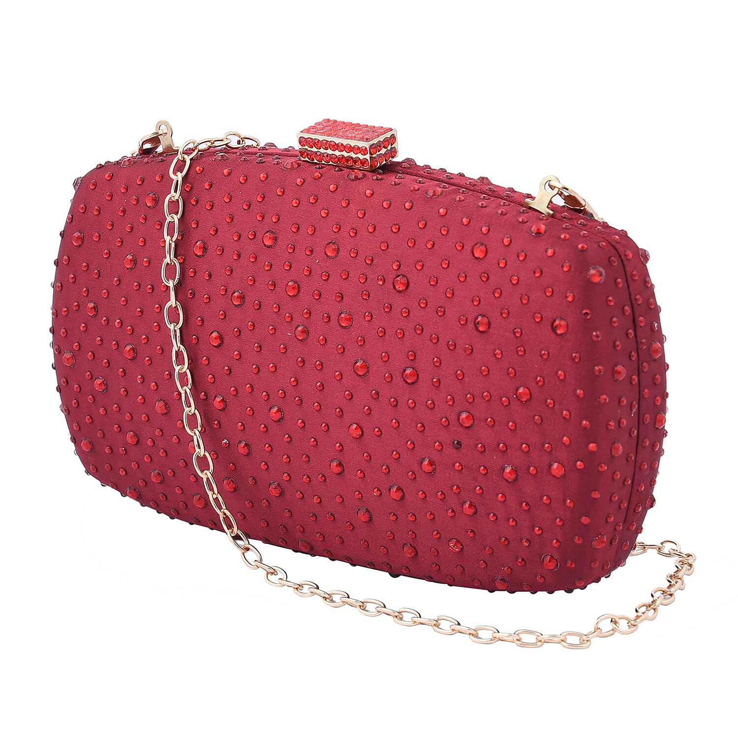 Crystal Decorative Clutch Bag with Long Chain Strap (Size 18x11x3 Cm) - Red