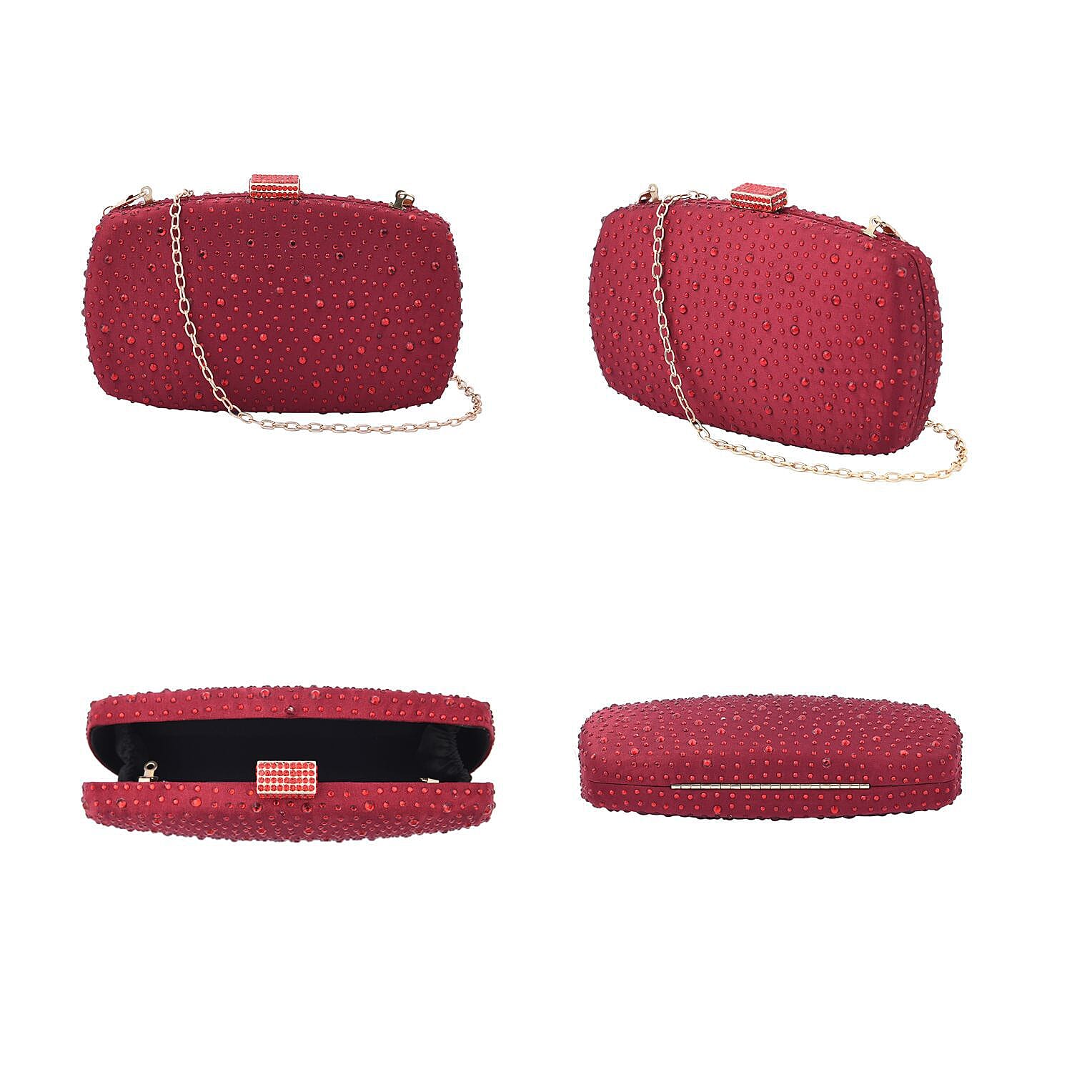 Crystal Decorative Clutch Bag with Long Chain Strap (Size 18x11x3 Cm) - Red