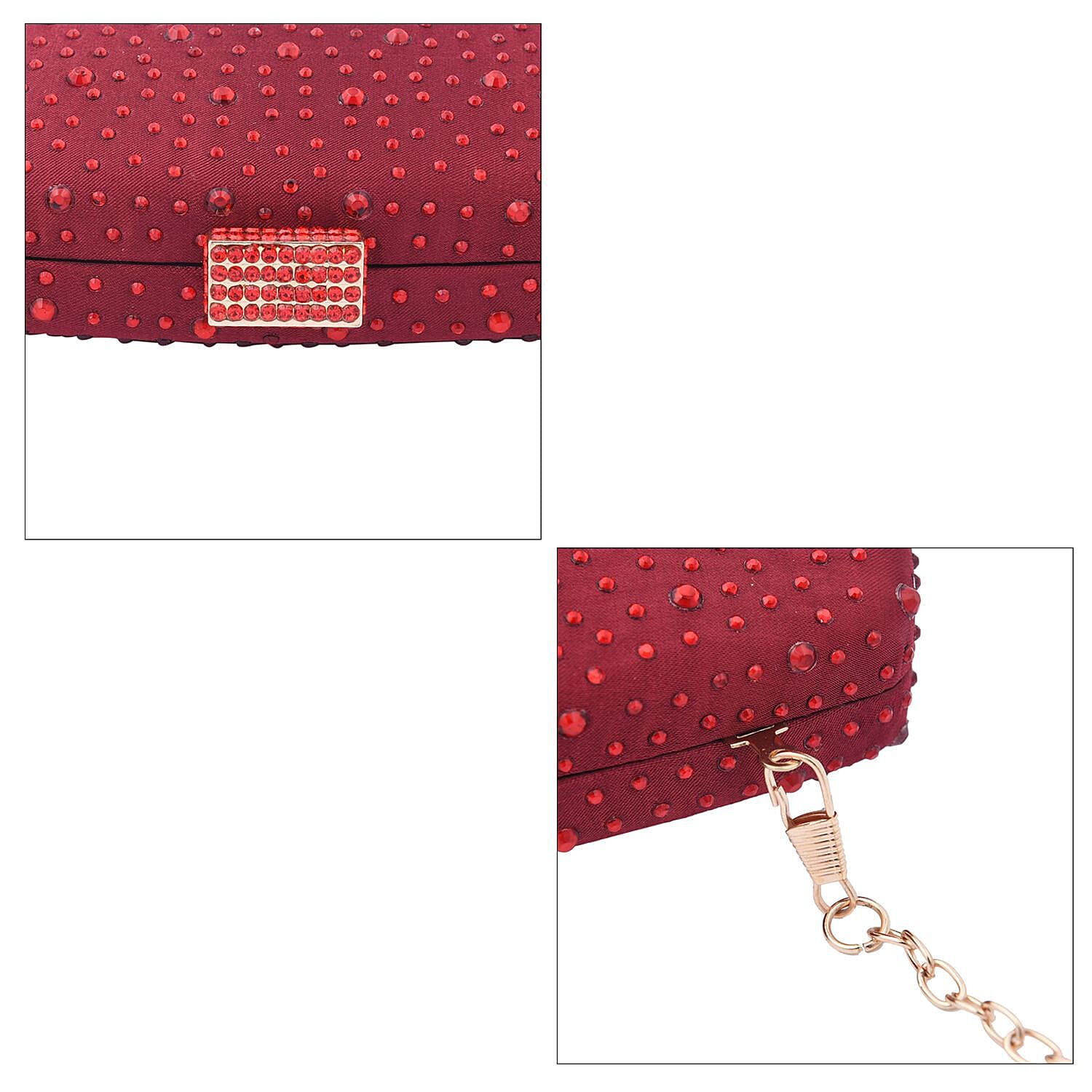 Crystal Decorative Clutch Bag with Long Chain Strap (Size 18x11x3 Cm) - Red