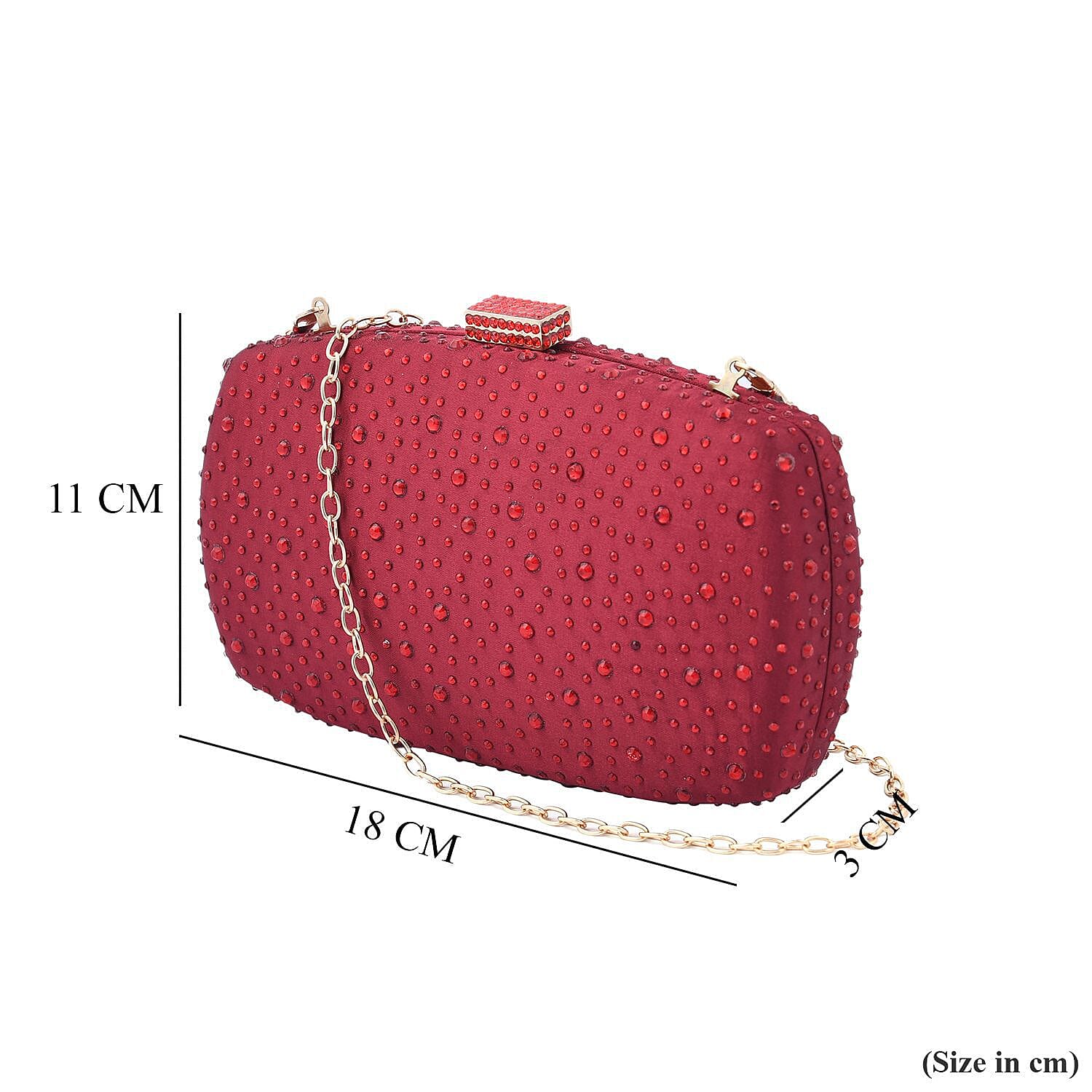 Crystal Decorative Clutch Bag with Long Chain Strap (Size 18x11x3 Cm) - Red