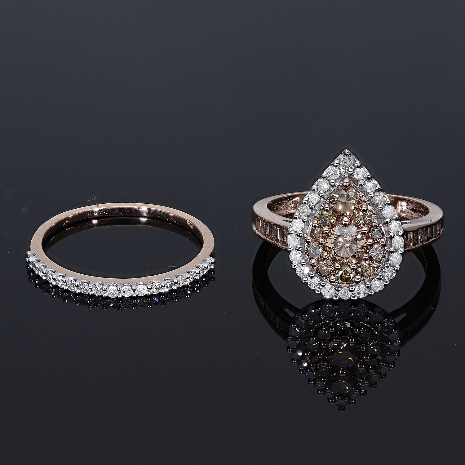 Set of 2 - 9K Rose Gold SGL Certified Champagne (1.00 Cts) and White Diamond (0.50 Cts) ( I3/G-H) Ring 1.50 Ct.