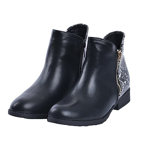 Snake Pattern Ankle Boots with Side Zipper (Size 3) - Black