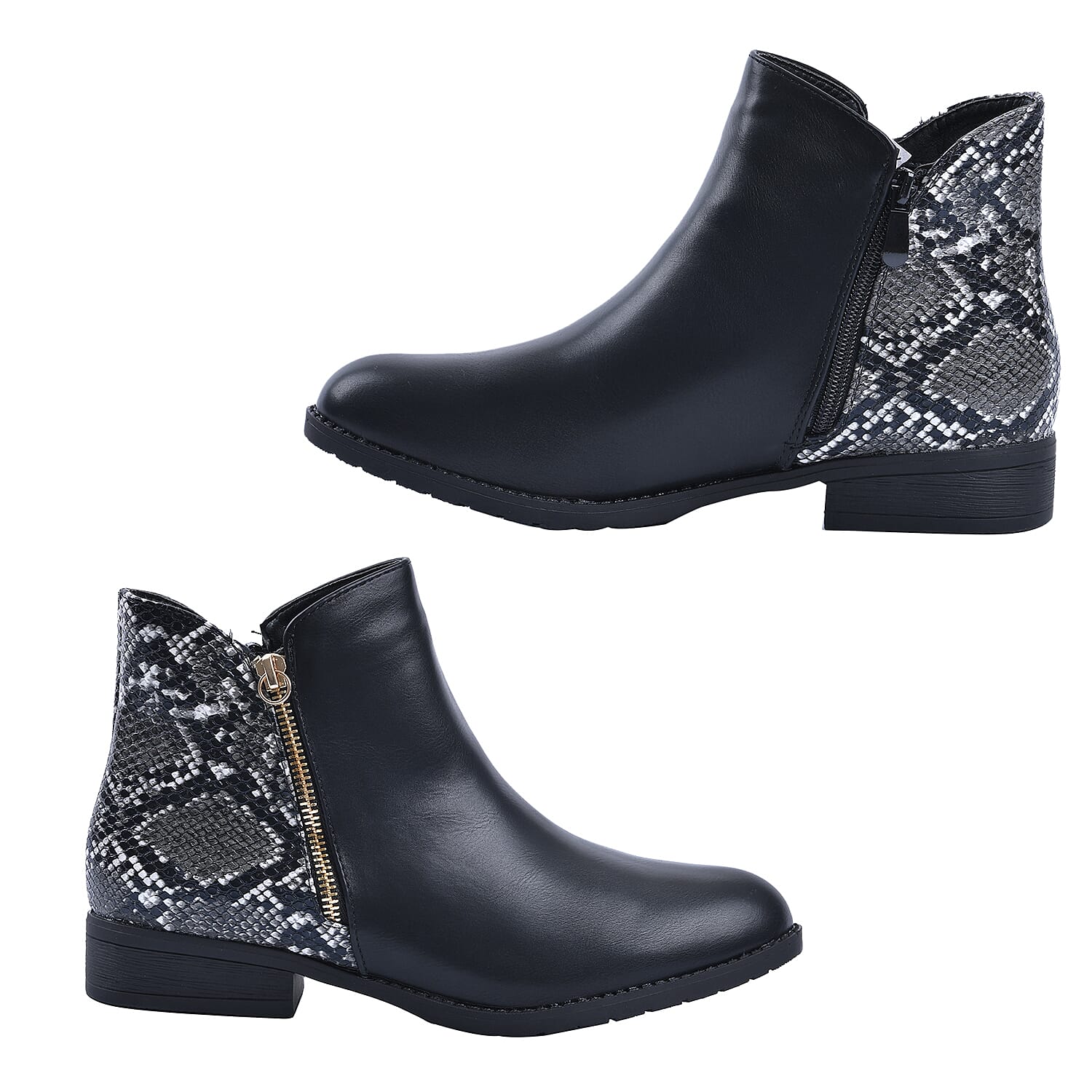 Snake Pattern Ankle Boots with Side Zipper - Black